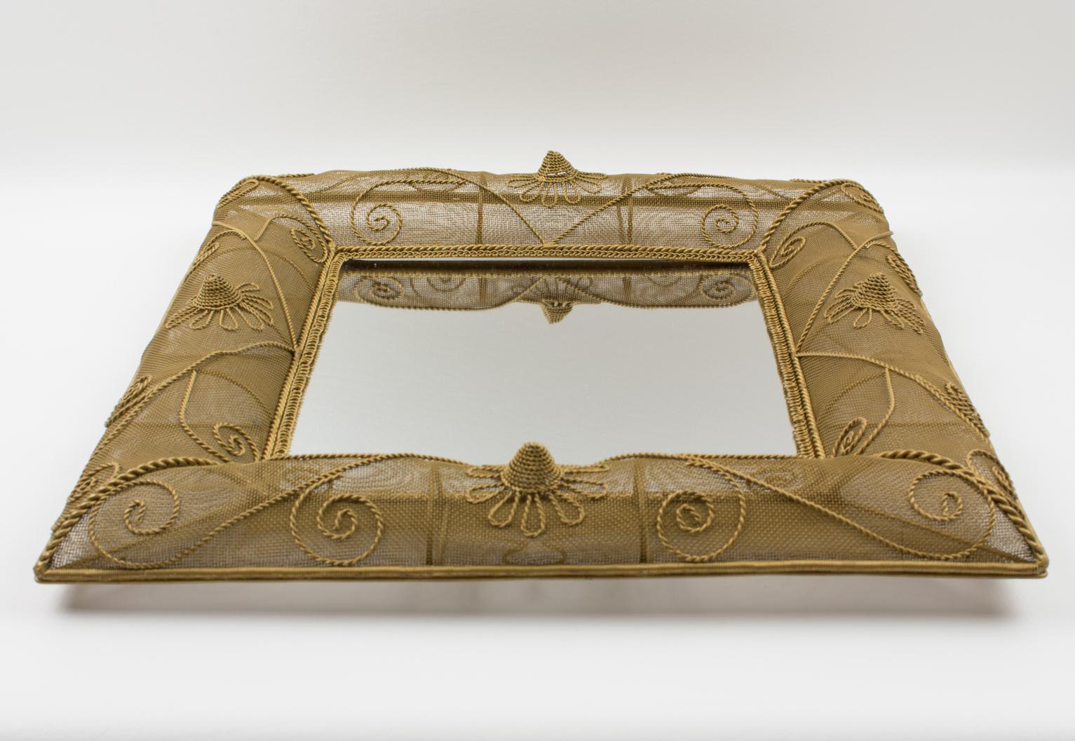 Gilt Metal Wire Mesh Wall Mirror with Floral Decor, 1950s For Sale 4