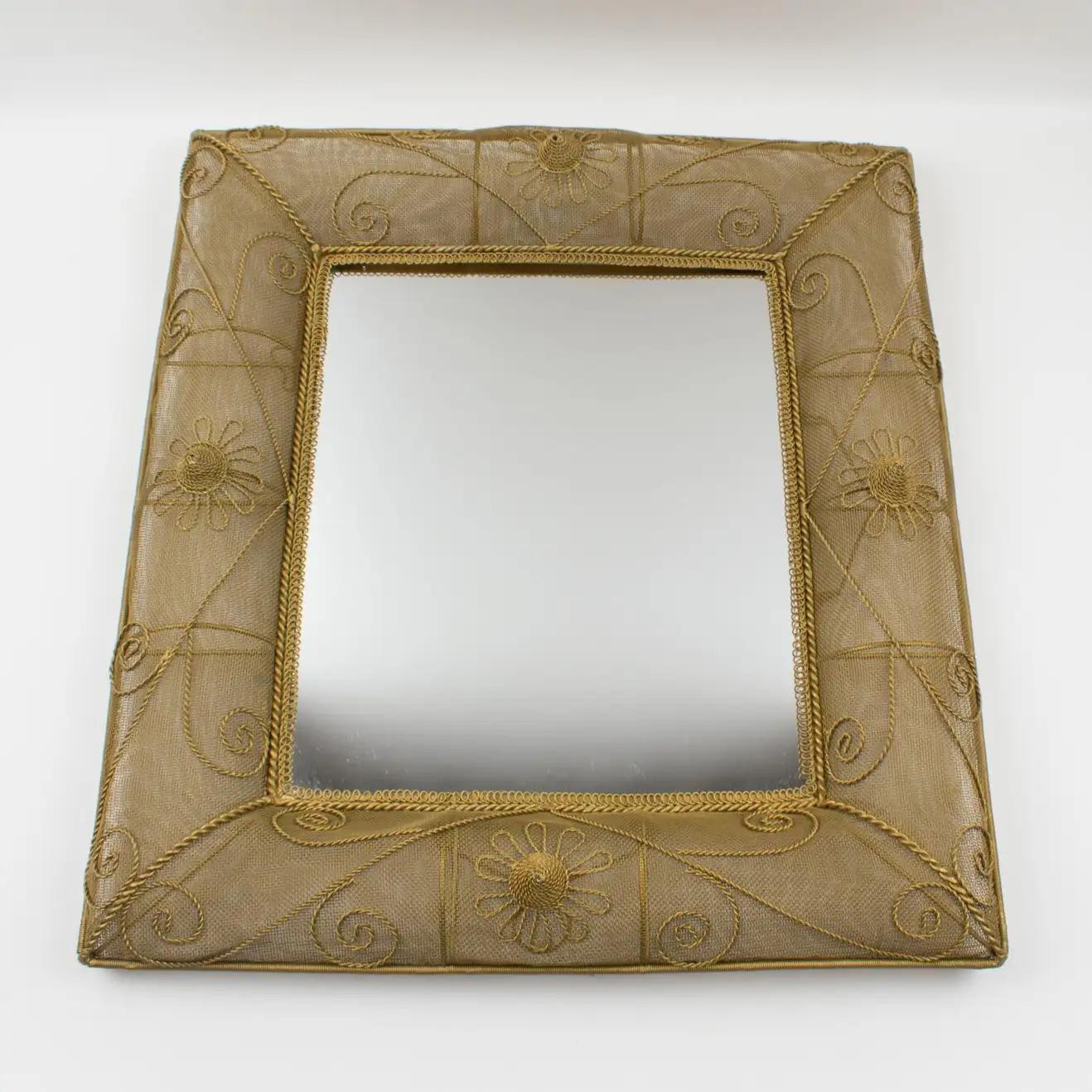 Gilt Metal Wire Mesh Wall Mirror with Floral Decor, 1950s For Sale 6