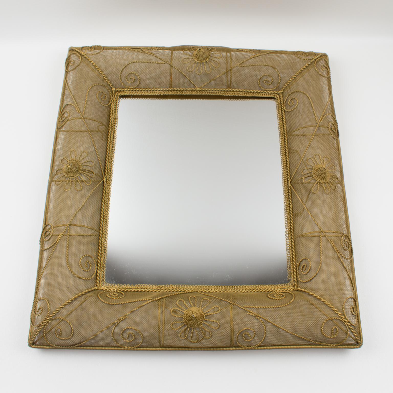 Gilt Metal Wire Mesh Wall Mirror with Floral Decor, 1950s For Sale 8