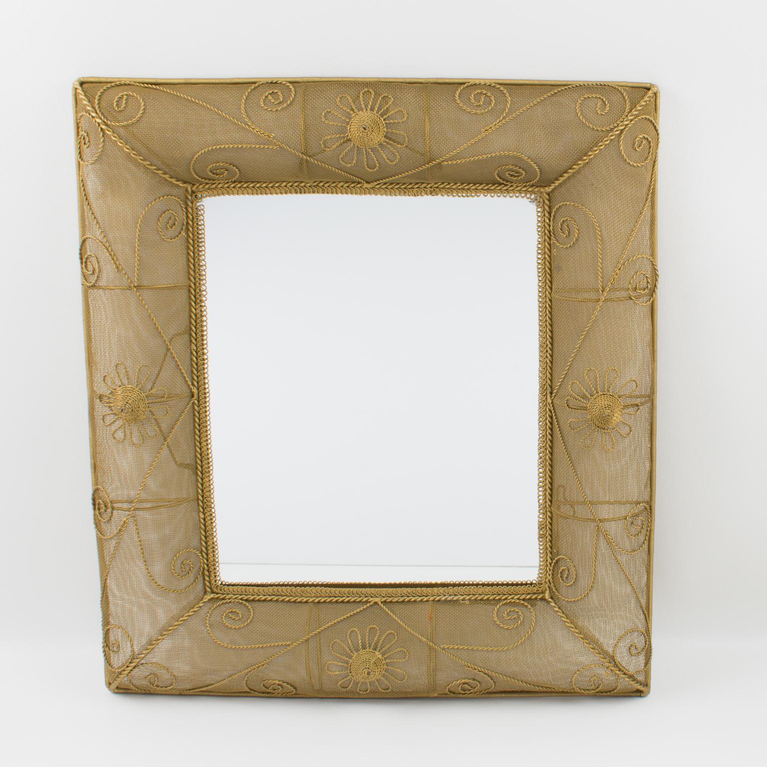 Gilt Metal Wire Mesh Wall Mirror with Floral Decor, 1950s For Sale 9