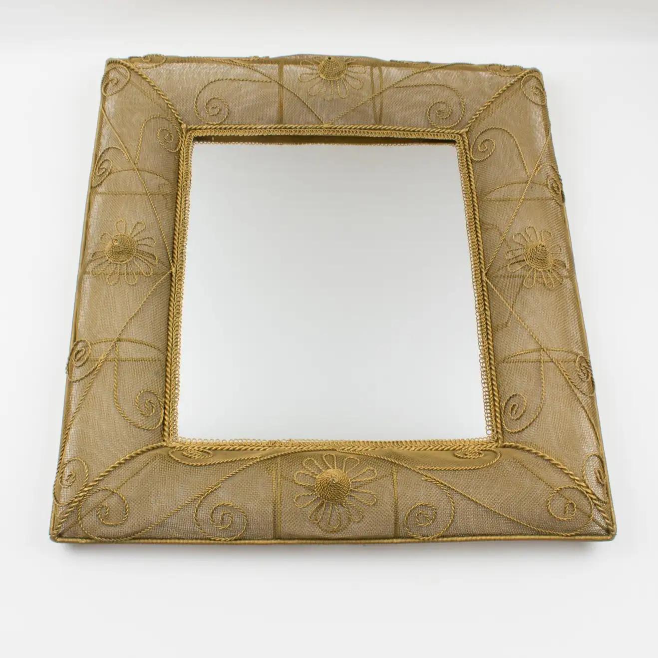 Modern Gilt Metal Wire Mesh Wall Mirror with Floral Decor, 1950s For Sale