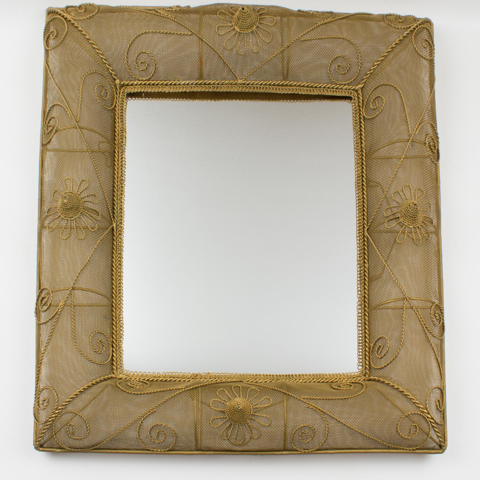 Modern Gilt Metal Wire Mesh Wall Mirror with Floral Decor, 1950s For Sale