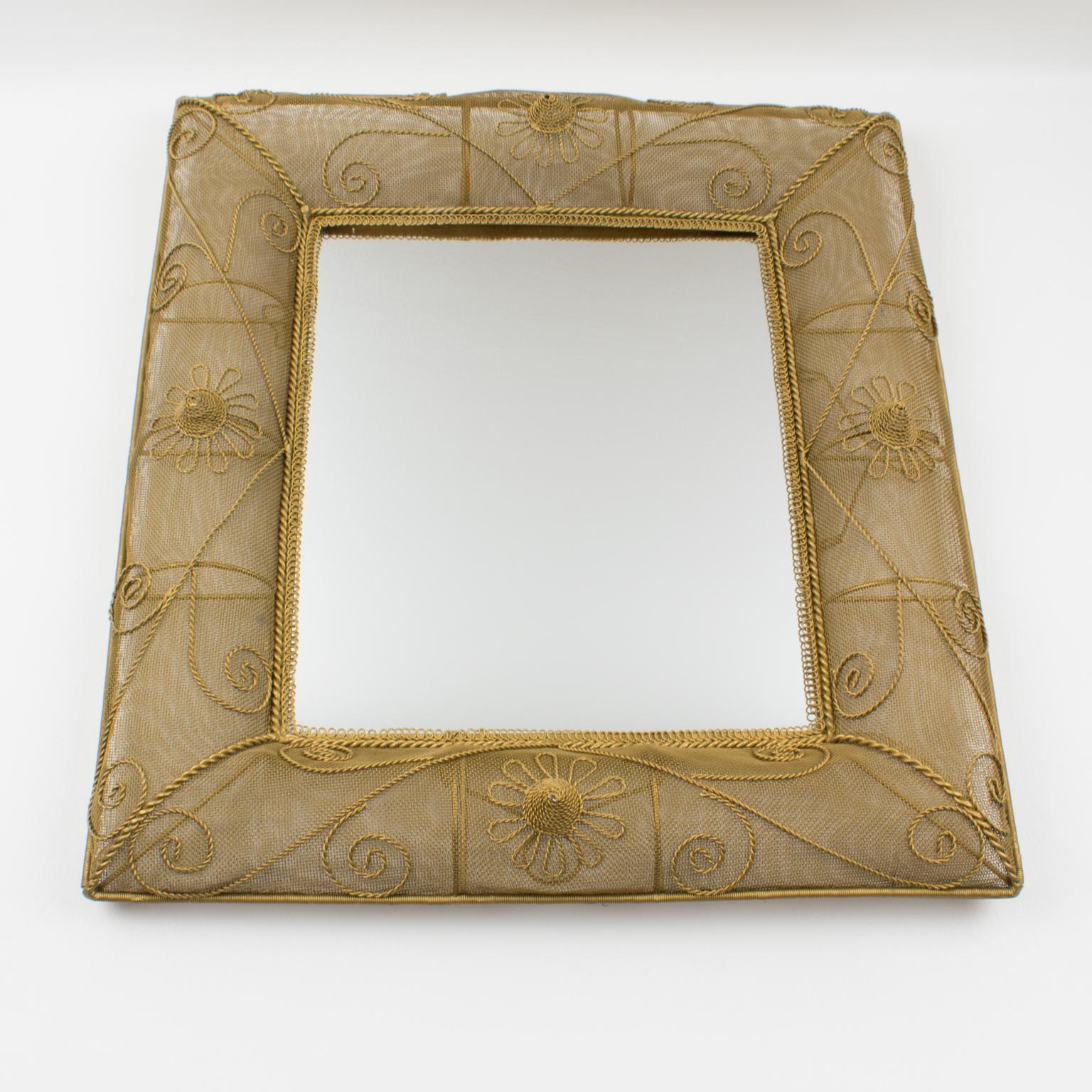 American Gilt Metal Wire Mesh Wall Mirror with Floral Decor, 1950s For Sale