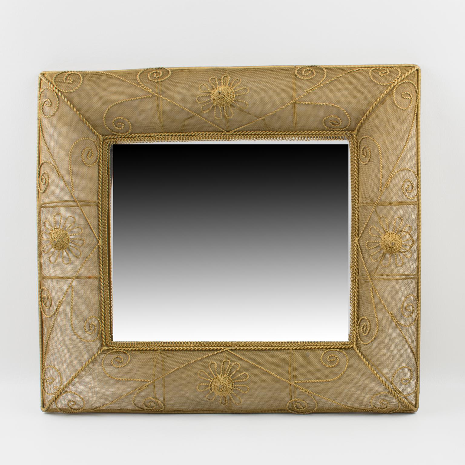 Gilt Metal Wire Mesh Wall Mirror with Floral Decor, 1950s In Good Condition For Sale In Atlanta, GA