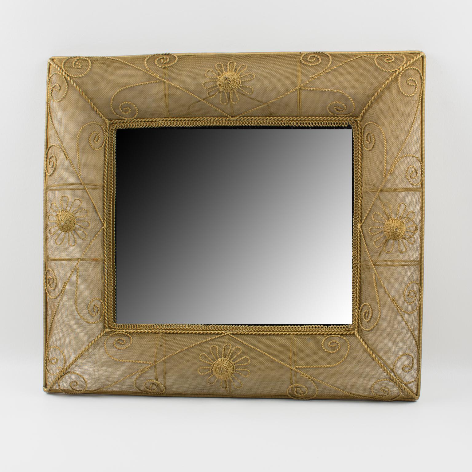 Mid-20th Century Gilt Metal Wire Mesh Wall Mirror with Floral Decor, 1950s For Sale