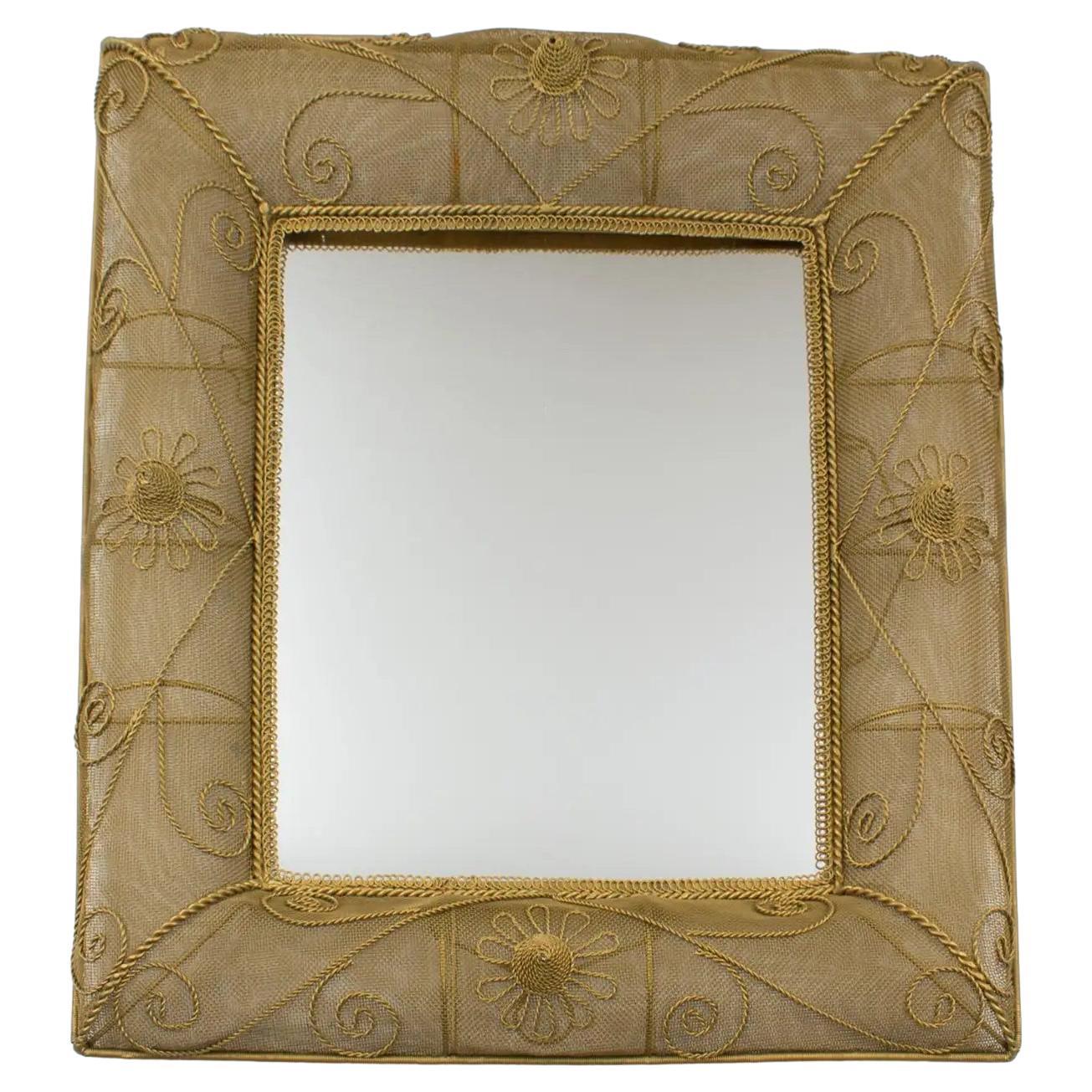 Gilt Metal Wire Mesh Wall Mirror with Floral Decor, 1950s For Sale