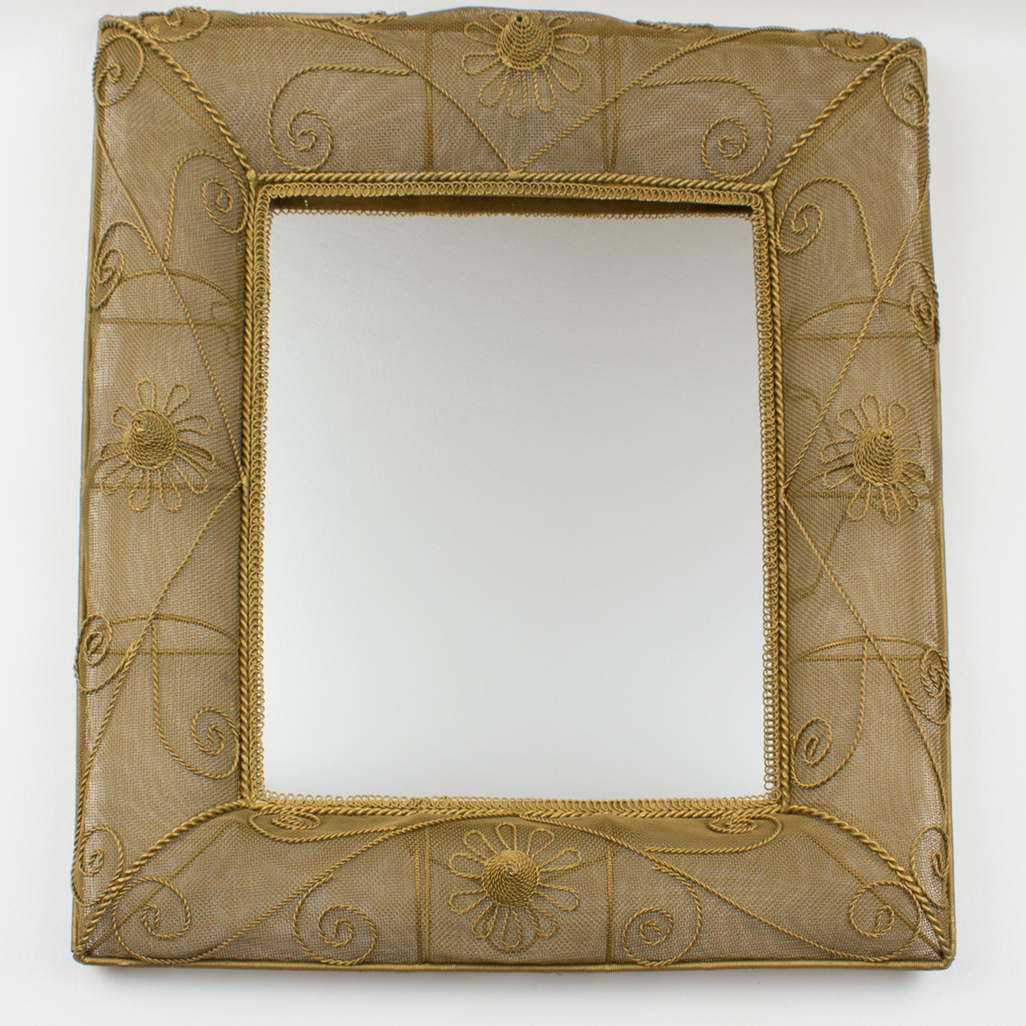 Modern Gilt Metal Wire Mesh Wall Mirror with Floral Decor, circa 1950 For Sale