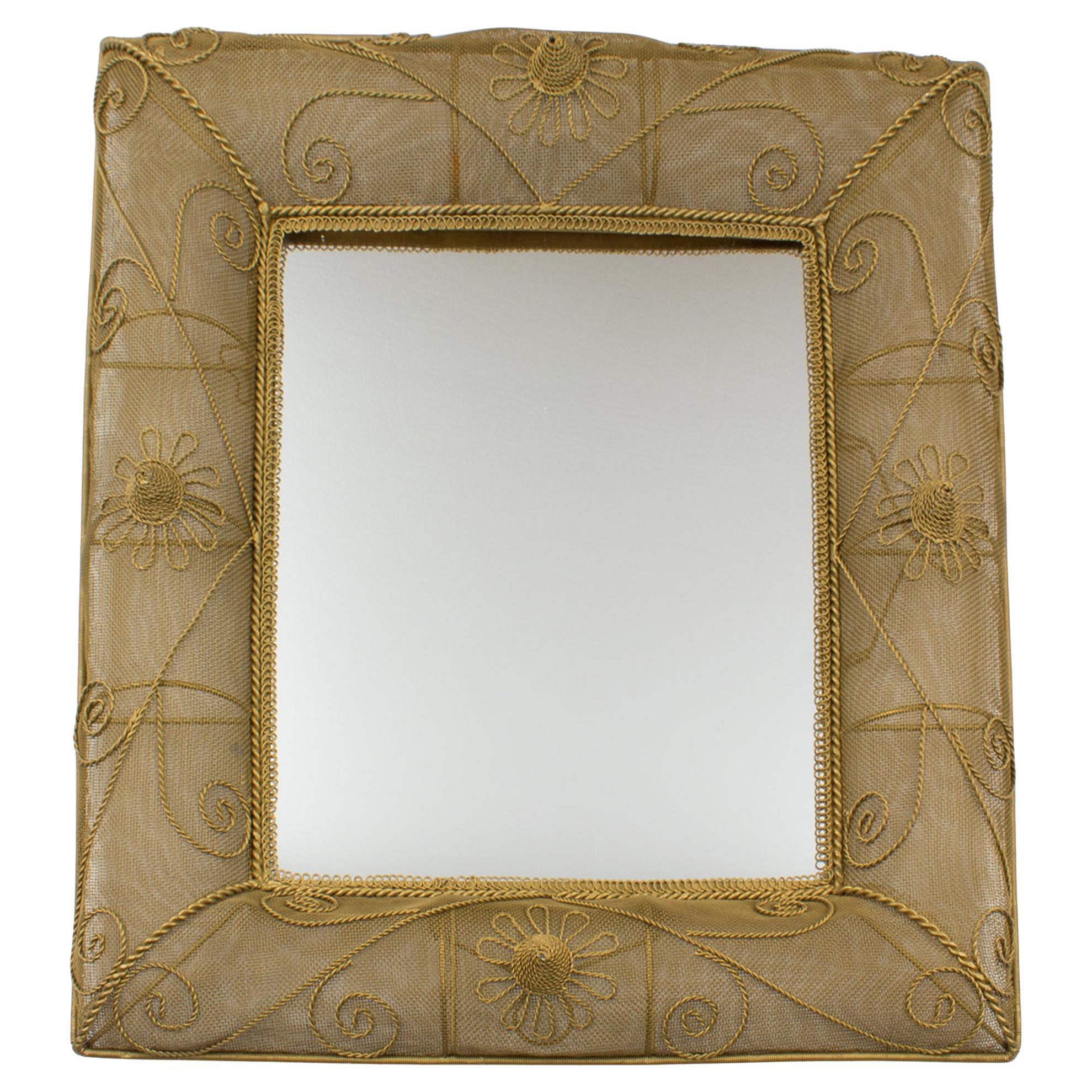 Gilt Metal Wire Mesh Wall Mirror with Floral Decor, circa 1950 For Sale