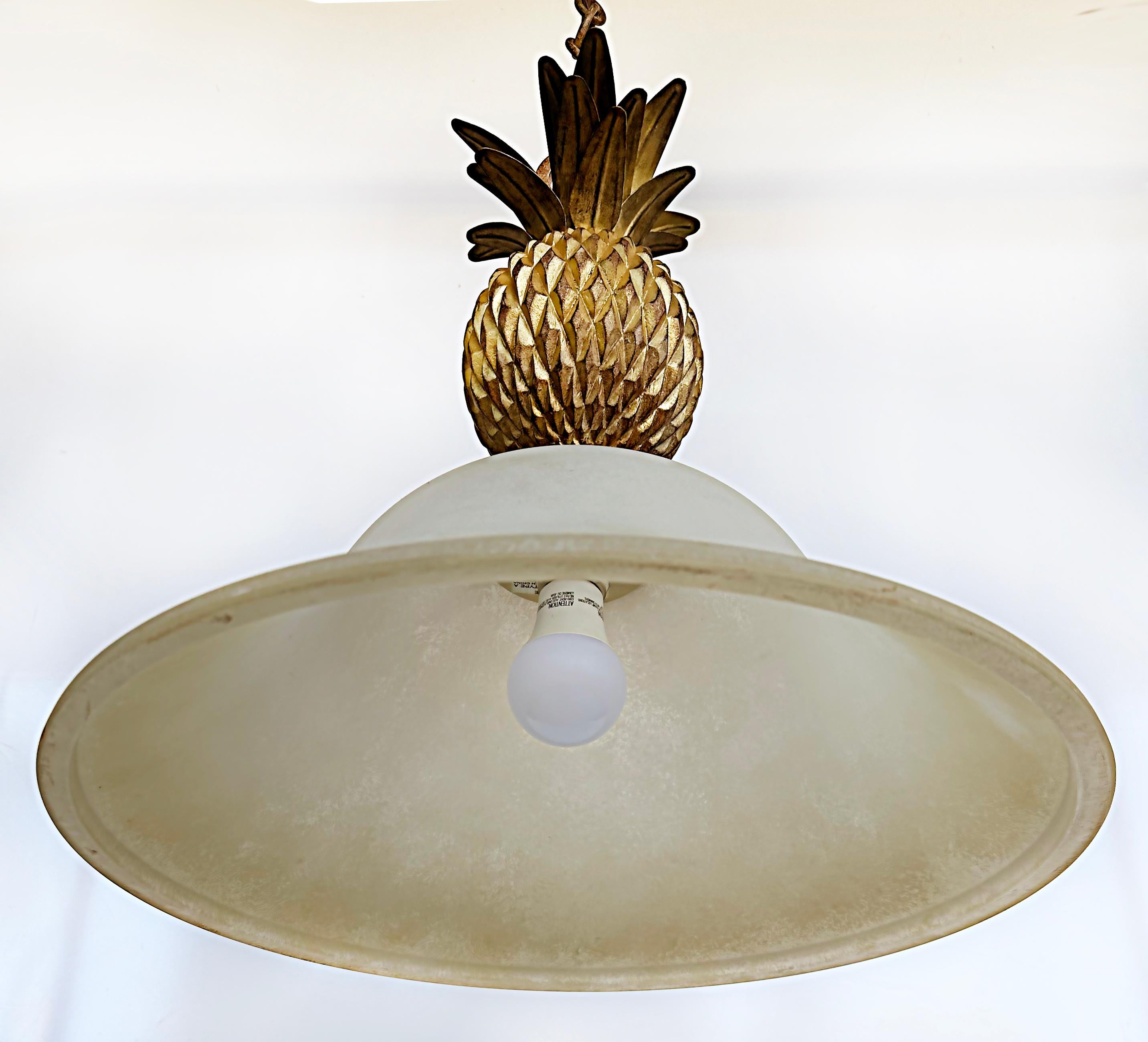 American Gilt Metal Wood Pineapple Glass Pendant Ceiling Fixture with Chain  For Sale