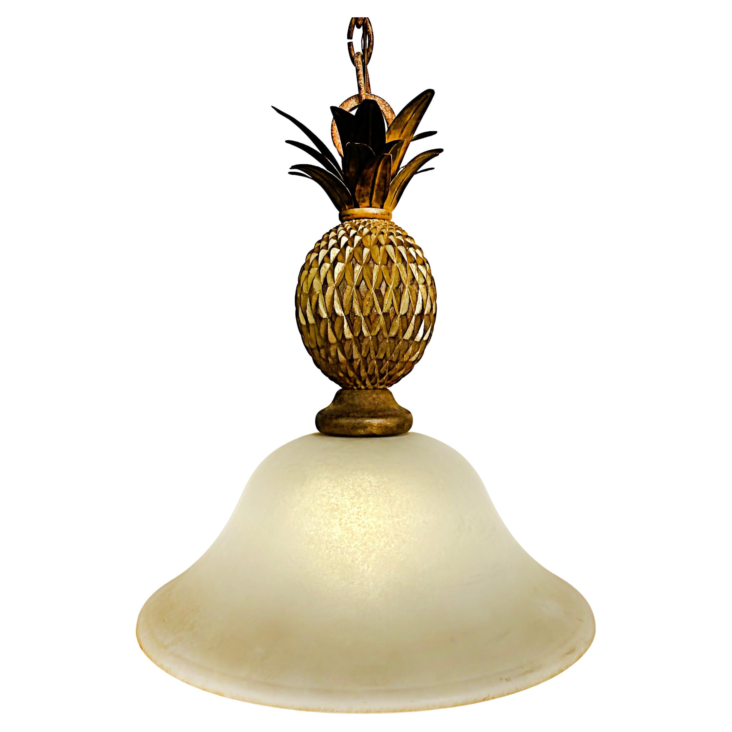 Gilt Metal Wood Pineapple Glass Pendant Ceiling Fixture with Chain  For Sale