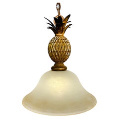 Retro Gilt Metal Wood Pineapple Glass Pendant Ceiling Fixture with Chain 