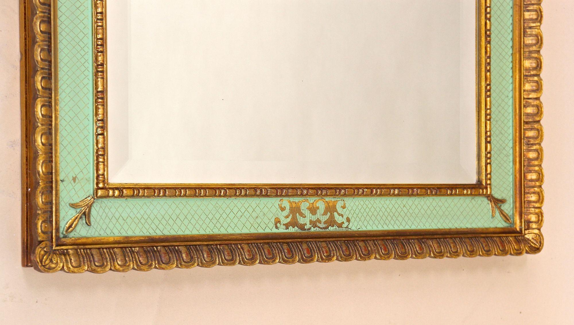 Gilt Mid Century Venetian Wall Mirror With Turquoise Pattern - IT ca. 1960 For Sale 1