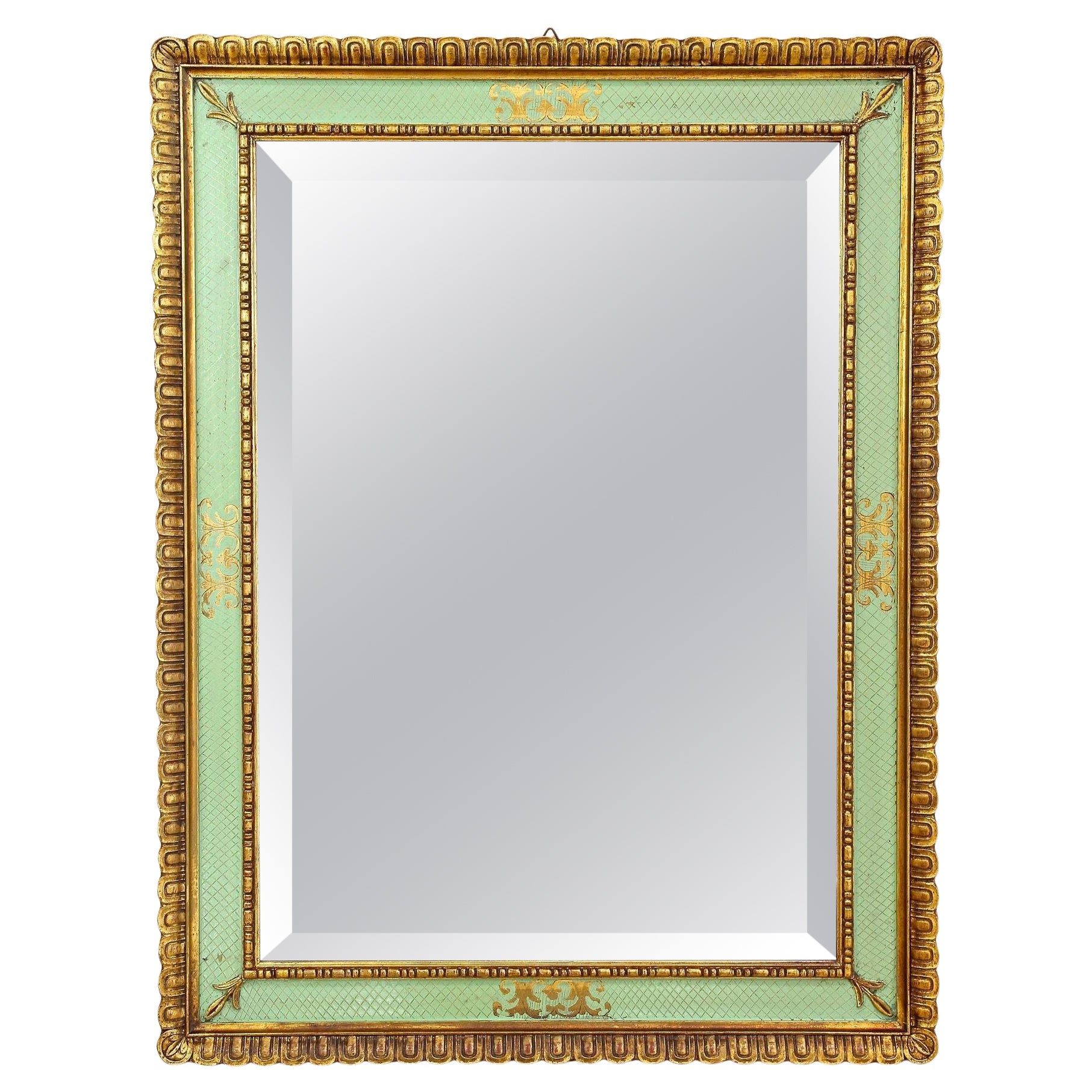 Gilt Mid Century Venetian Wall Mirror With Turquoise Pattern - IT ca. 1960 For Sale