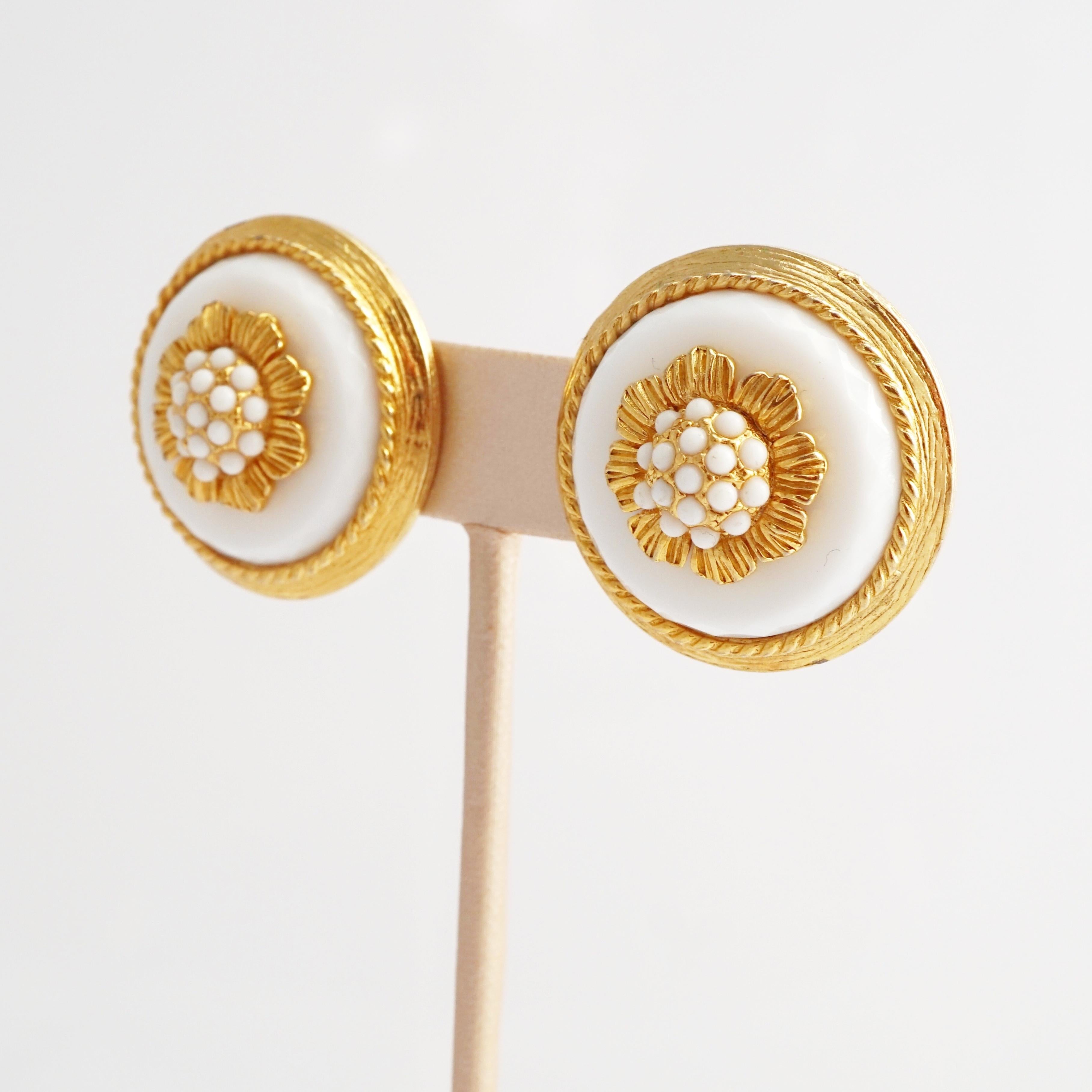 Modern Gilt & Milk Glass Floral Button Earrings By Hattie Carnegie, 1960s For Sale