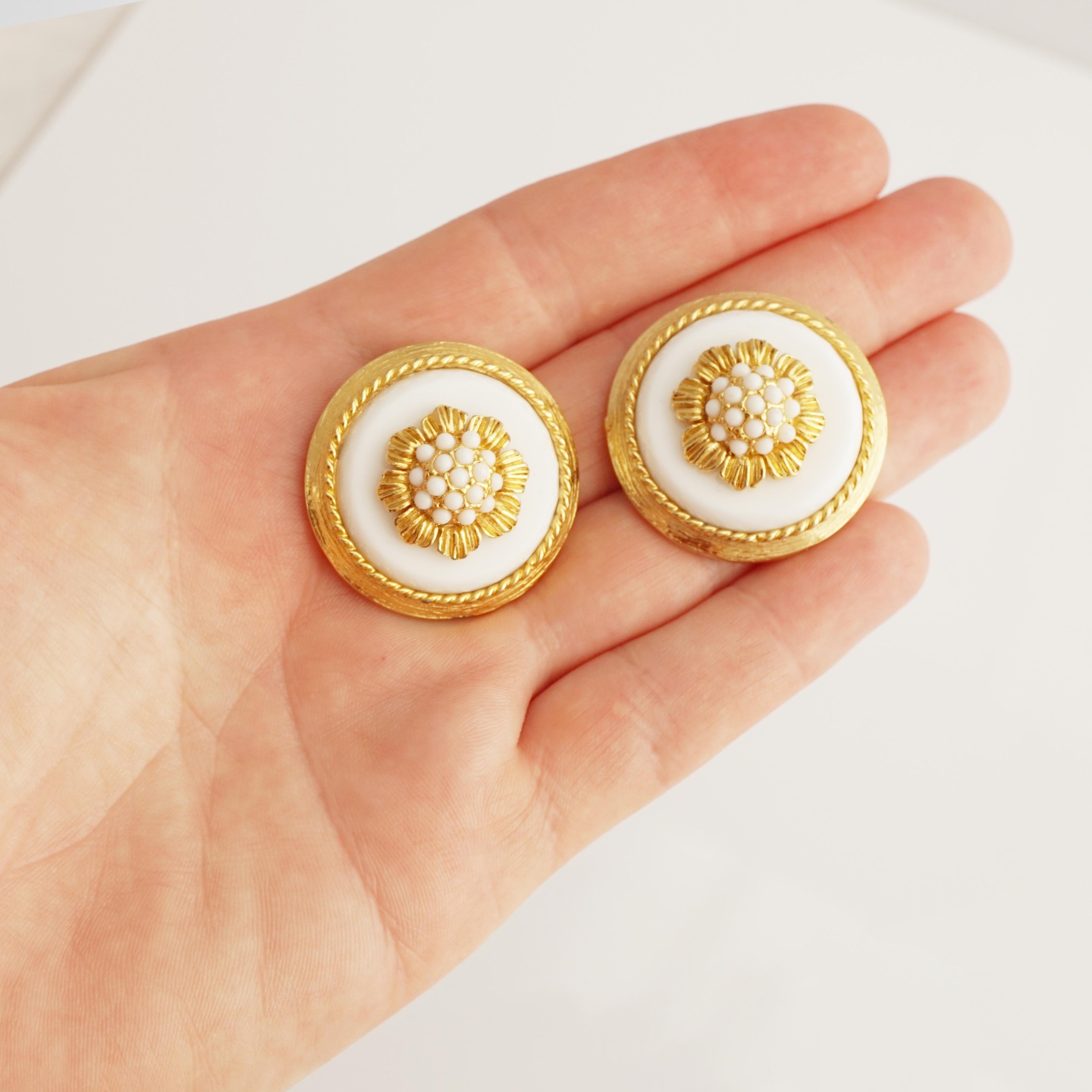 Gilt & Milk Glass Floral Button Earrings By Hattie Carnegie, 1960s For Sale 2