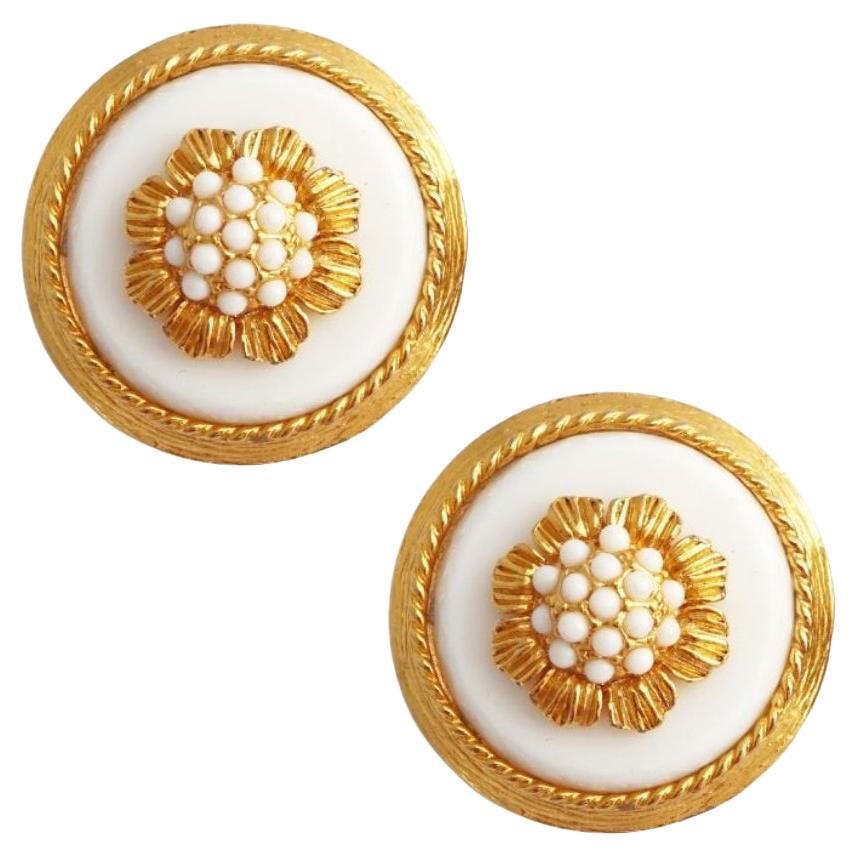 Gilt & Milk Glass Floral Button Earrings By Hattie Carnegie, 1960s For Sale