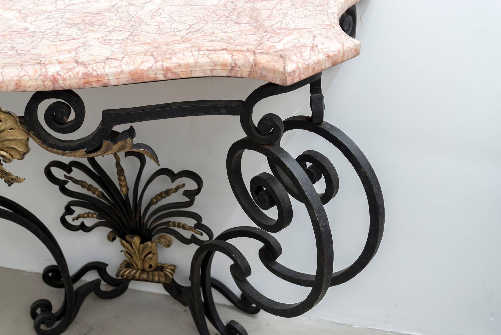19th Century Gilt Natural Wrought Iron Console with a Marble Top For Sale