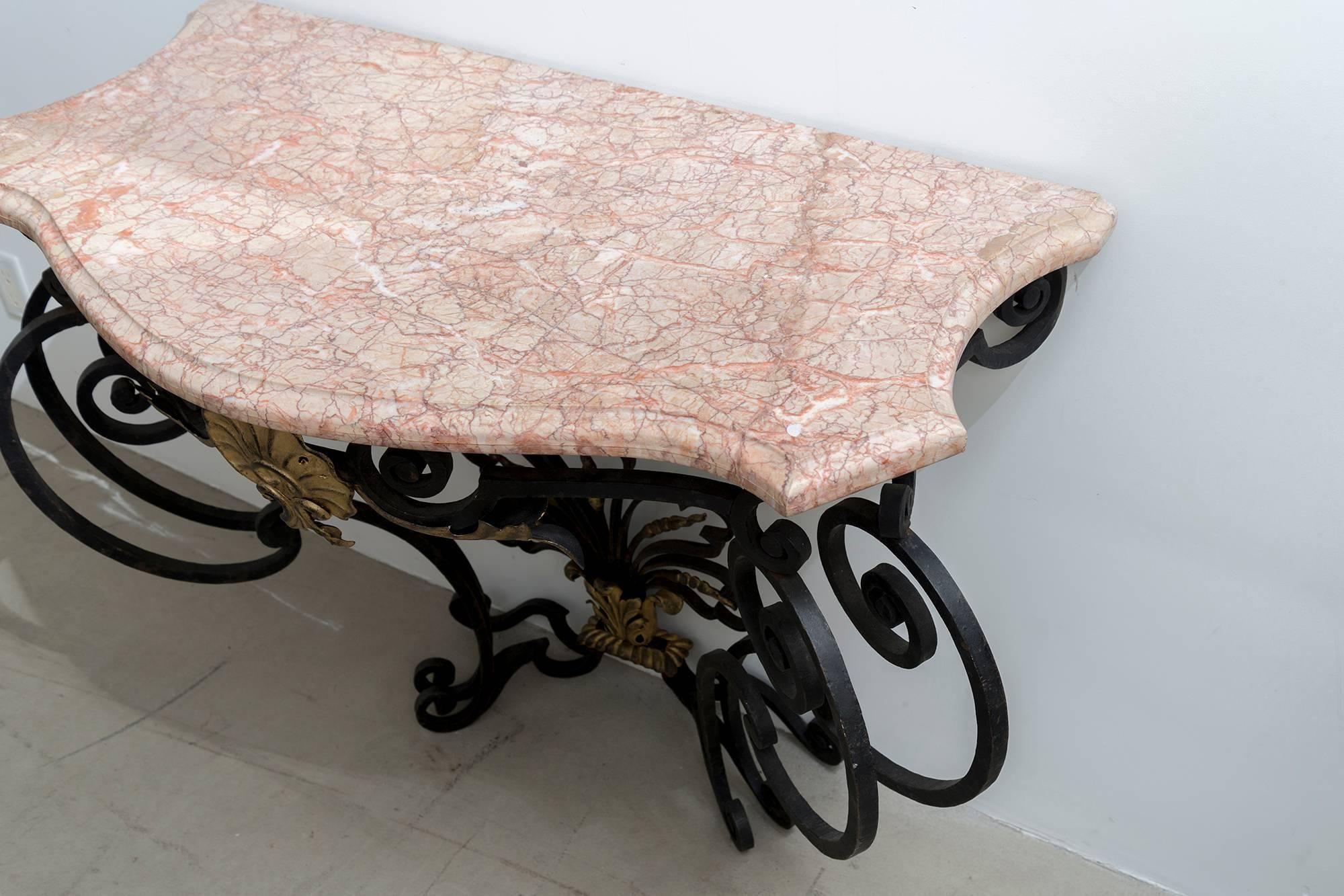 Gilt Natural Wrought Iron Console with a Marble Top For Sale 1