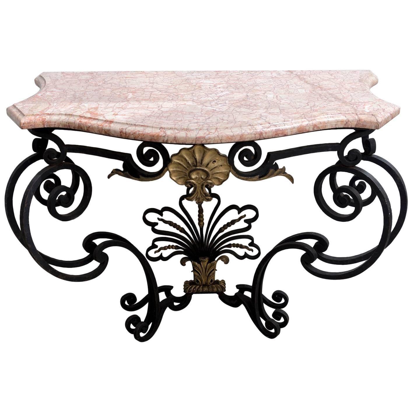 Gilt Natural Wrought Iron Console with a Marble Top For Sale