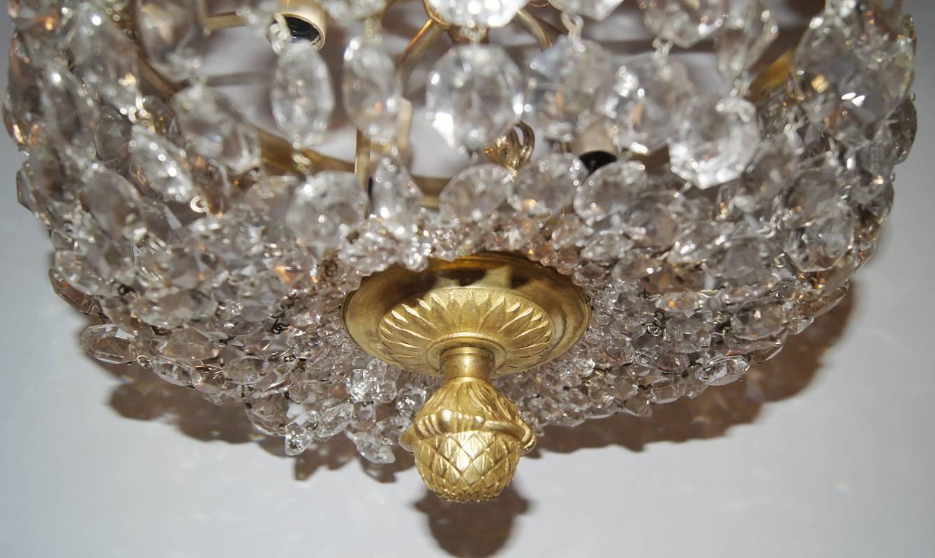 French Gilt Neoclassic Crystal Flush Mounted Light Fixture For Sale