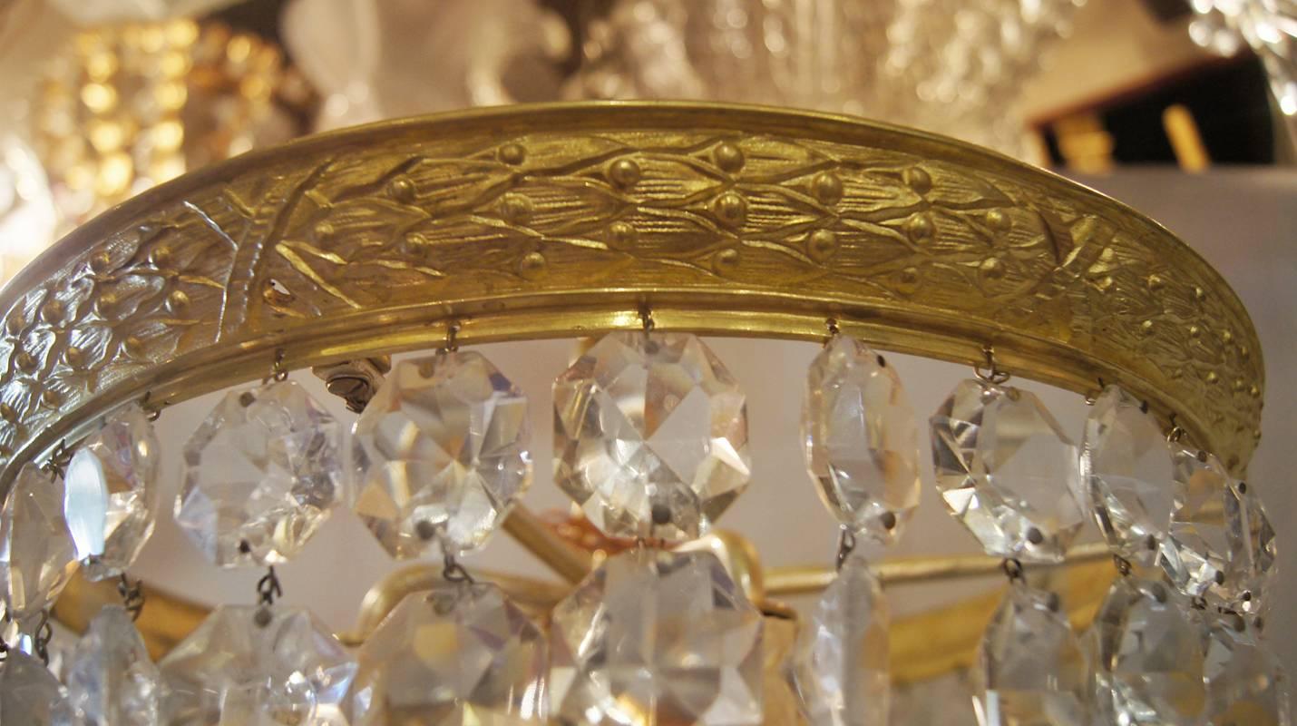 Gilt Neoclassic Crystal Flush Mounted Light Fixture In Good Condition For Sale In New York, NY