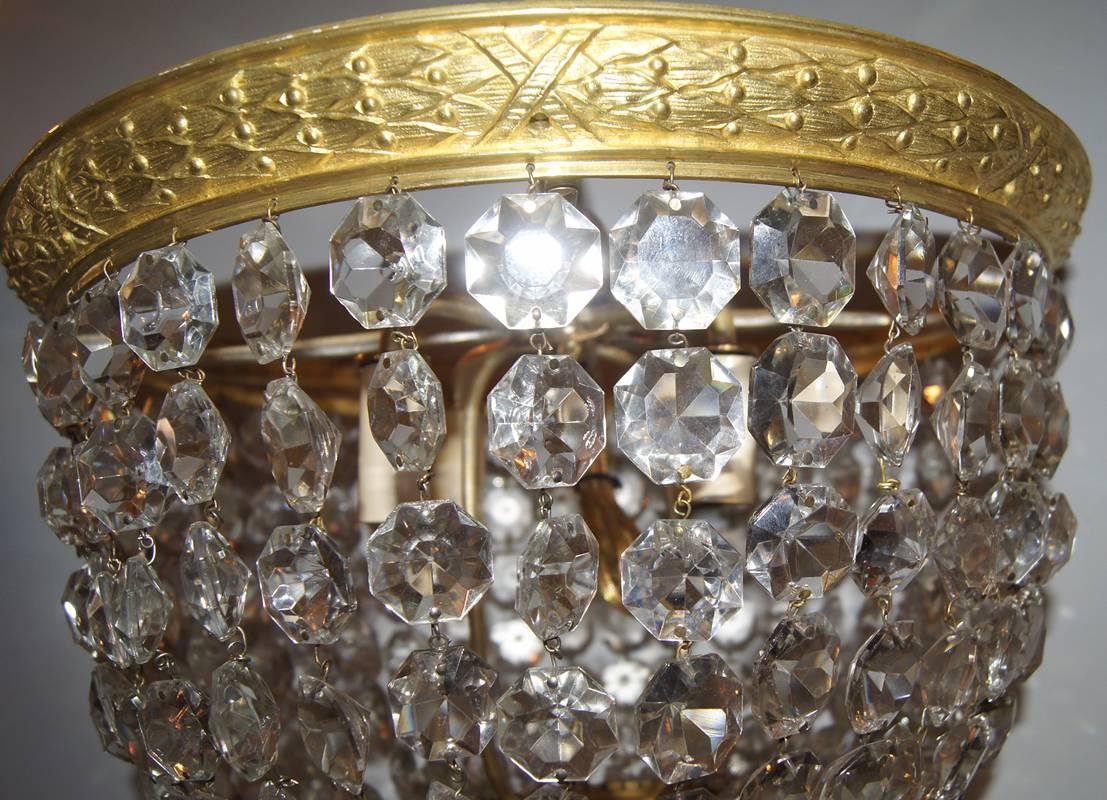 Early 20th Century Gilt Neoclassic Crystal Flush Mounted Light Fixture For Sale
