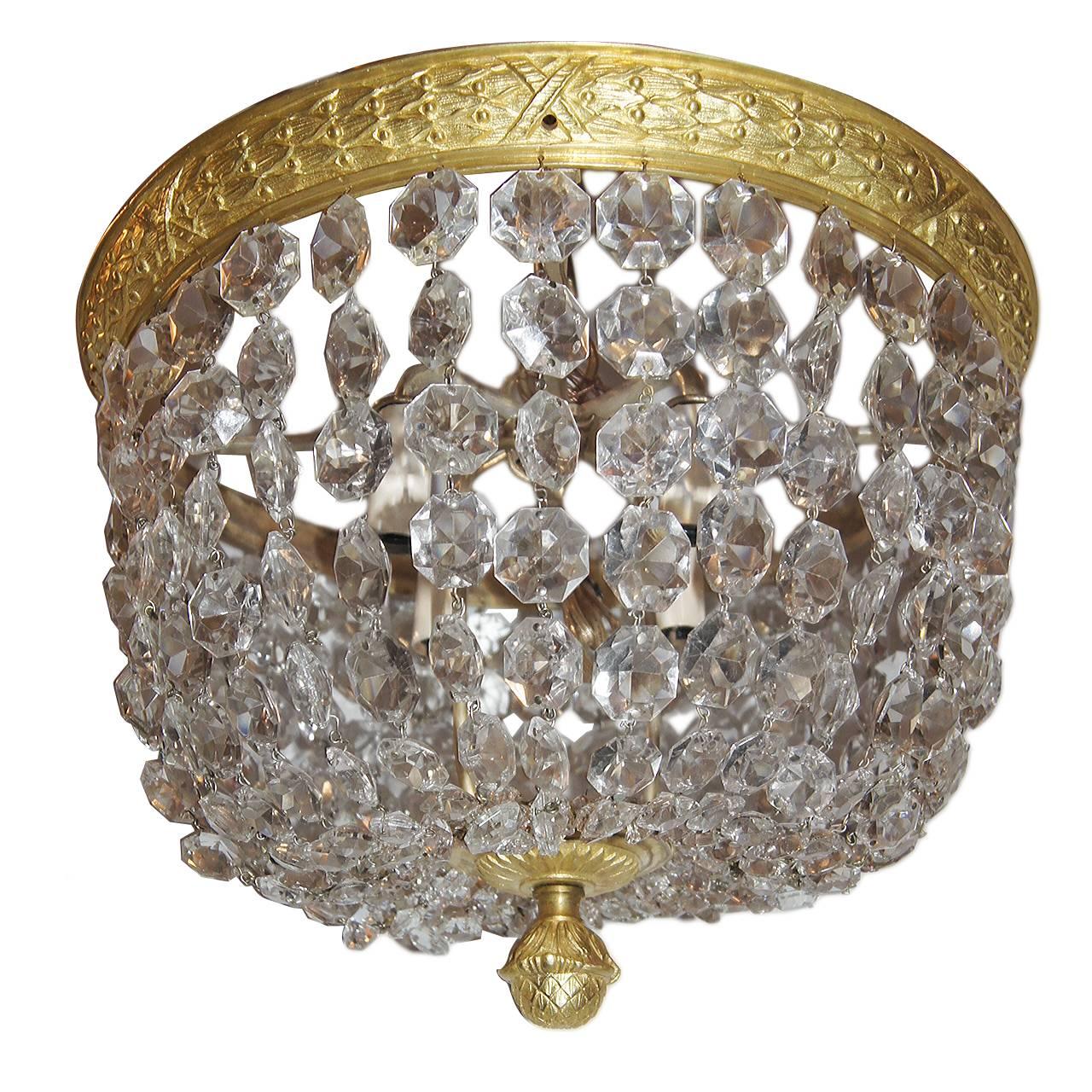 Gilt Neoclassic Crystal Flush Mounted Light Fixture For Sale