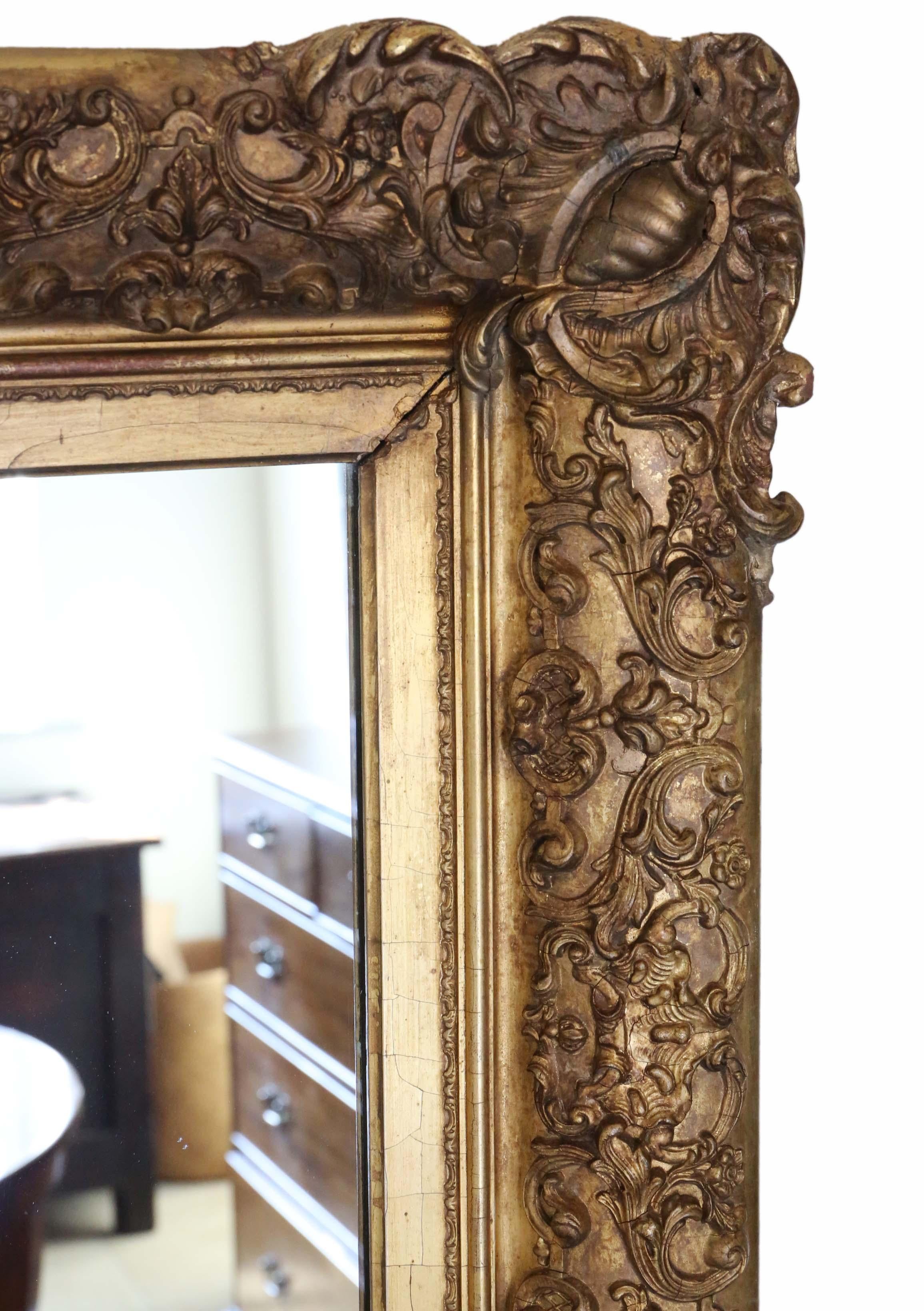 Mid-19th century overmantle or wall mirror. Could be hung in either portrait of landscape.
This is a lovely mirror, that is full of age, charm and character. Great patinated frame which has only had minor losses (some charming aging and cracking to