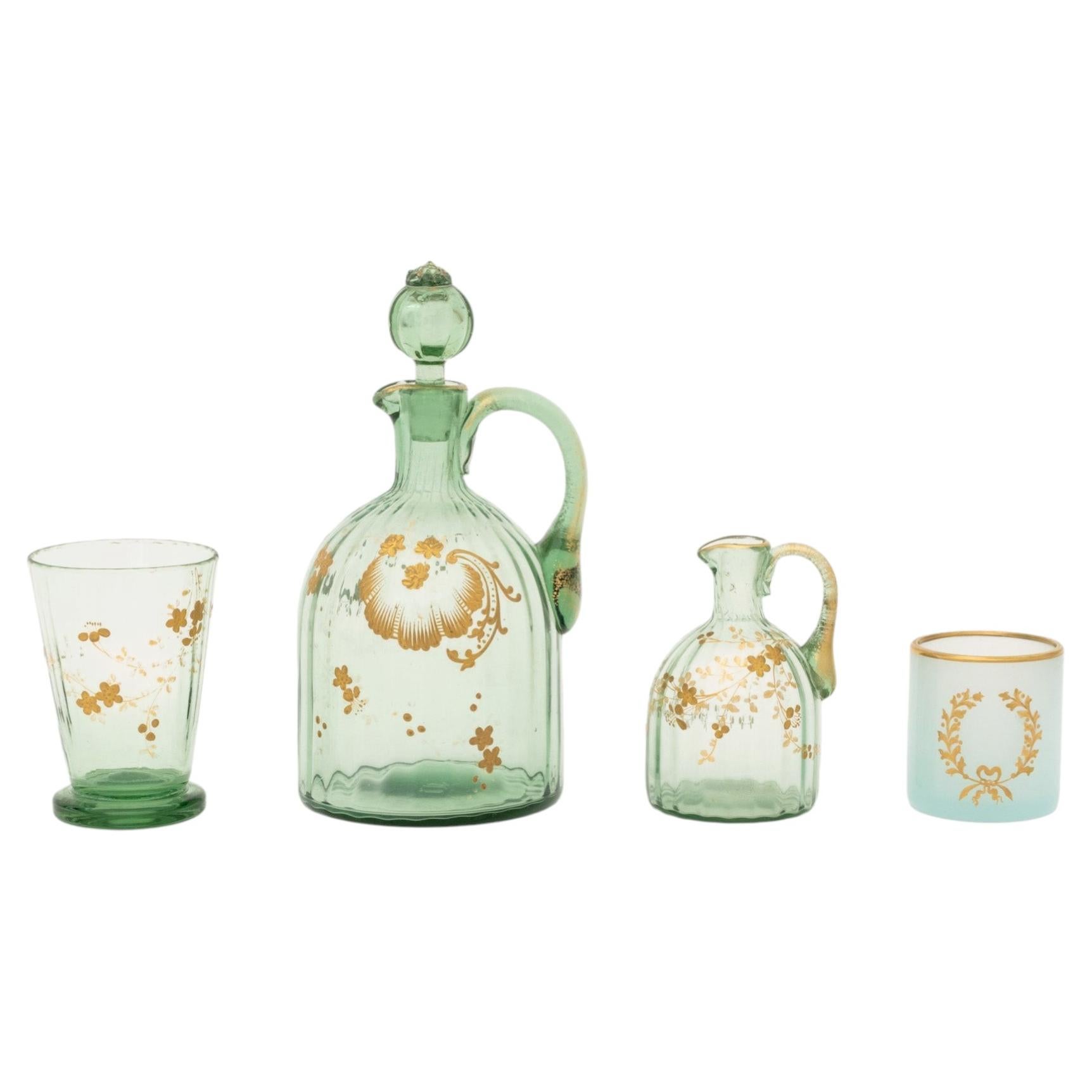 Collection of Four Gilt Hand-Painted Green Glass Vessels For Sale