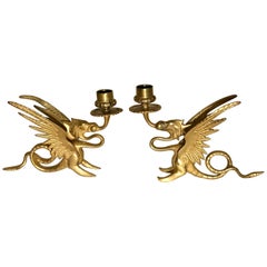 Gilt Pair of Griffin Motif Chamber Sticks