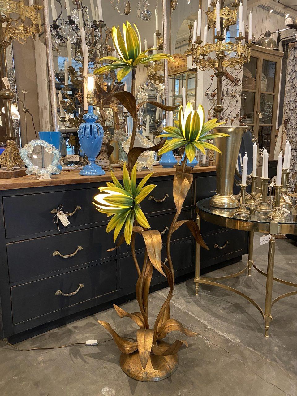 Gilt Palm Floor Lamp Coloured Flowers, Mid-Century Modern, France 1