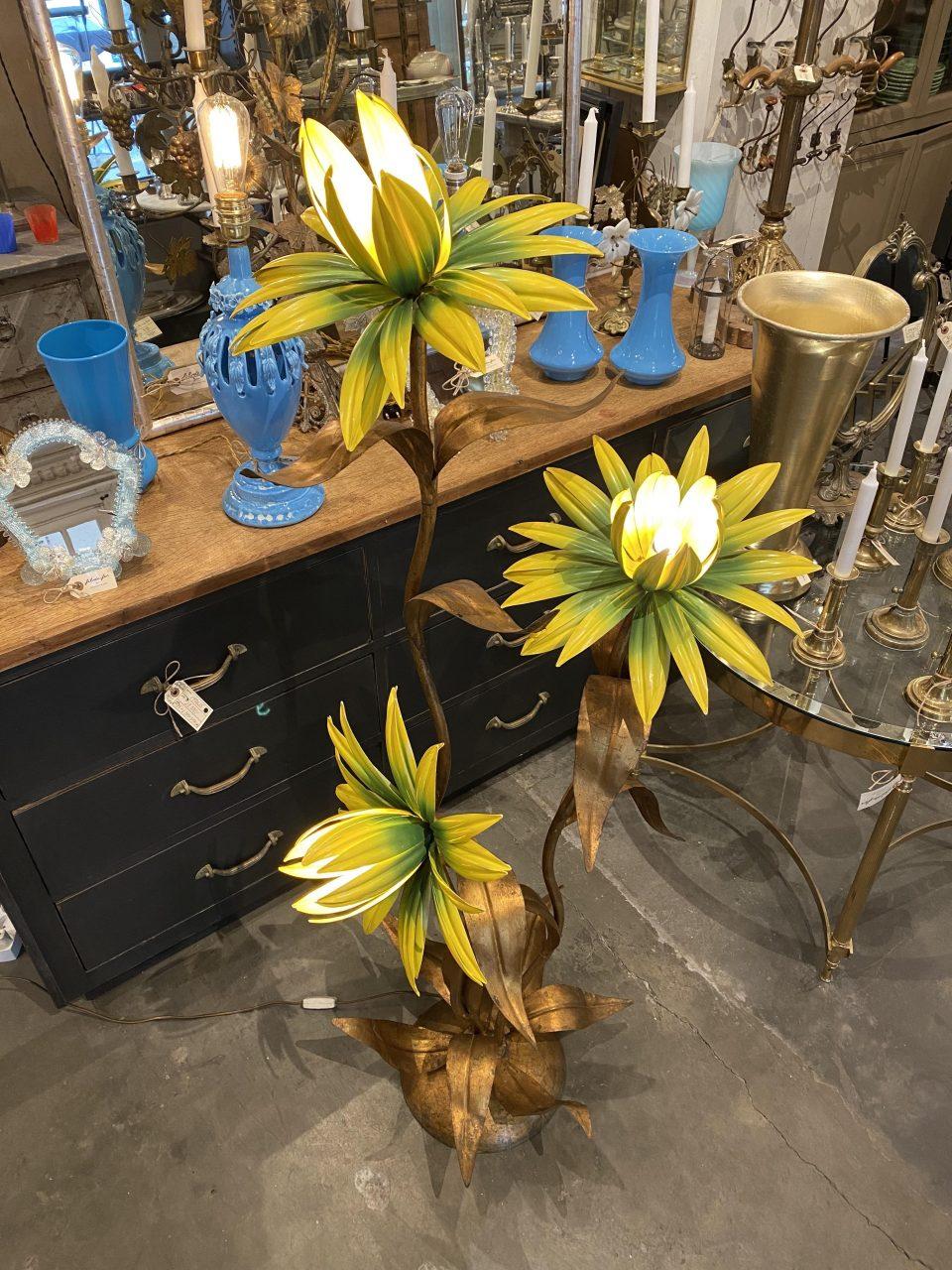 Gilt Palm Floor Lamp Coloured Flowers, Mid-Century Modern, France 2