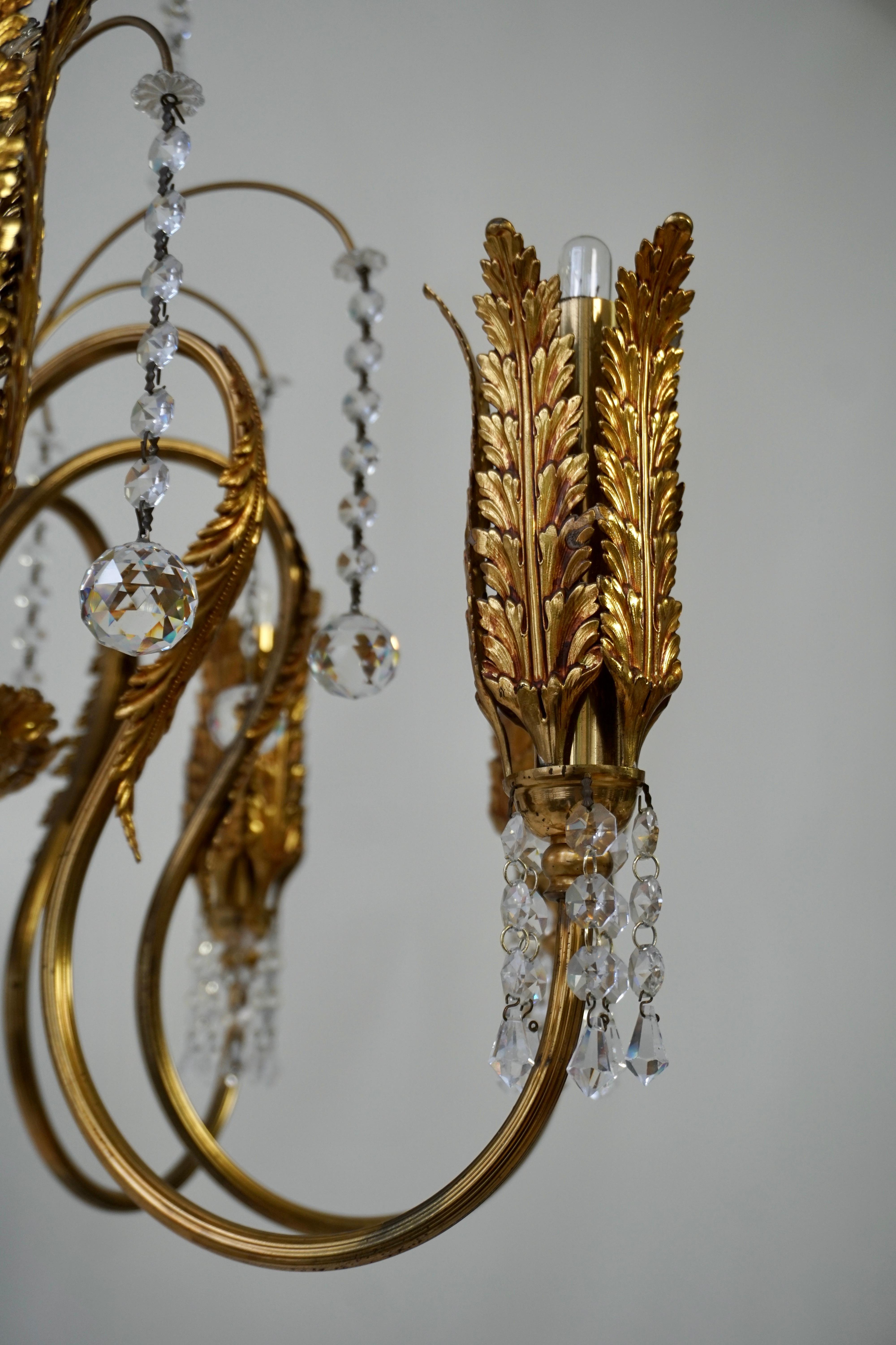 Brass Gilt Palm Leaf Hollywood Regency Chandelier with Crystal  For Sale