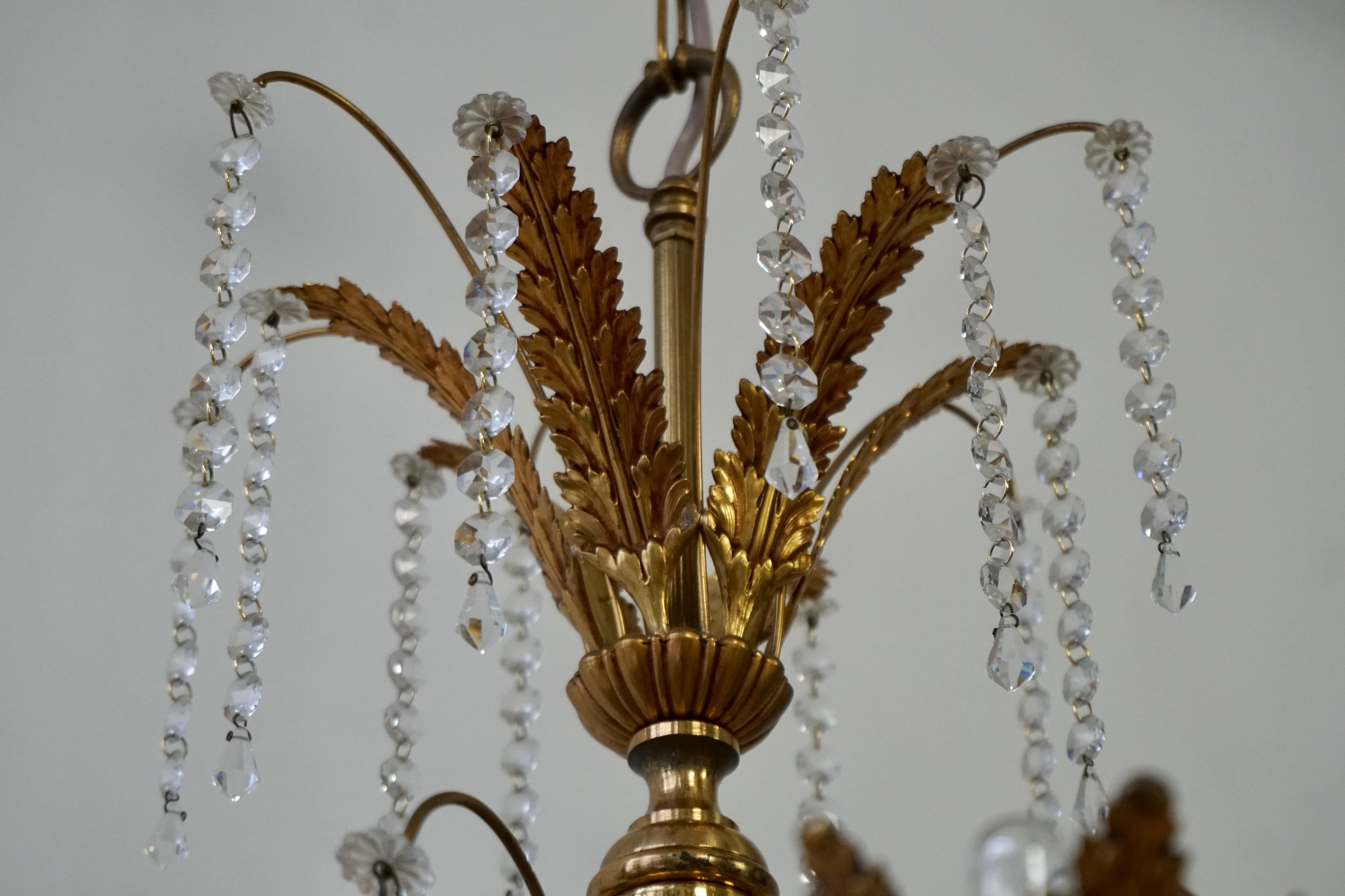 Gilt Palm Leaf Hollywood Regency Chandelier with Crystal  For Sale 3