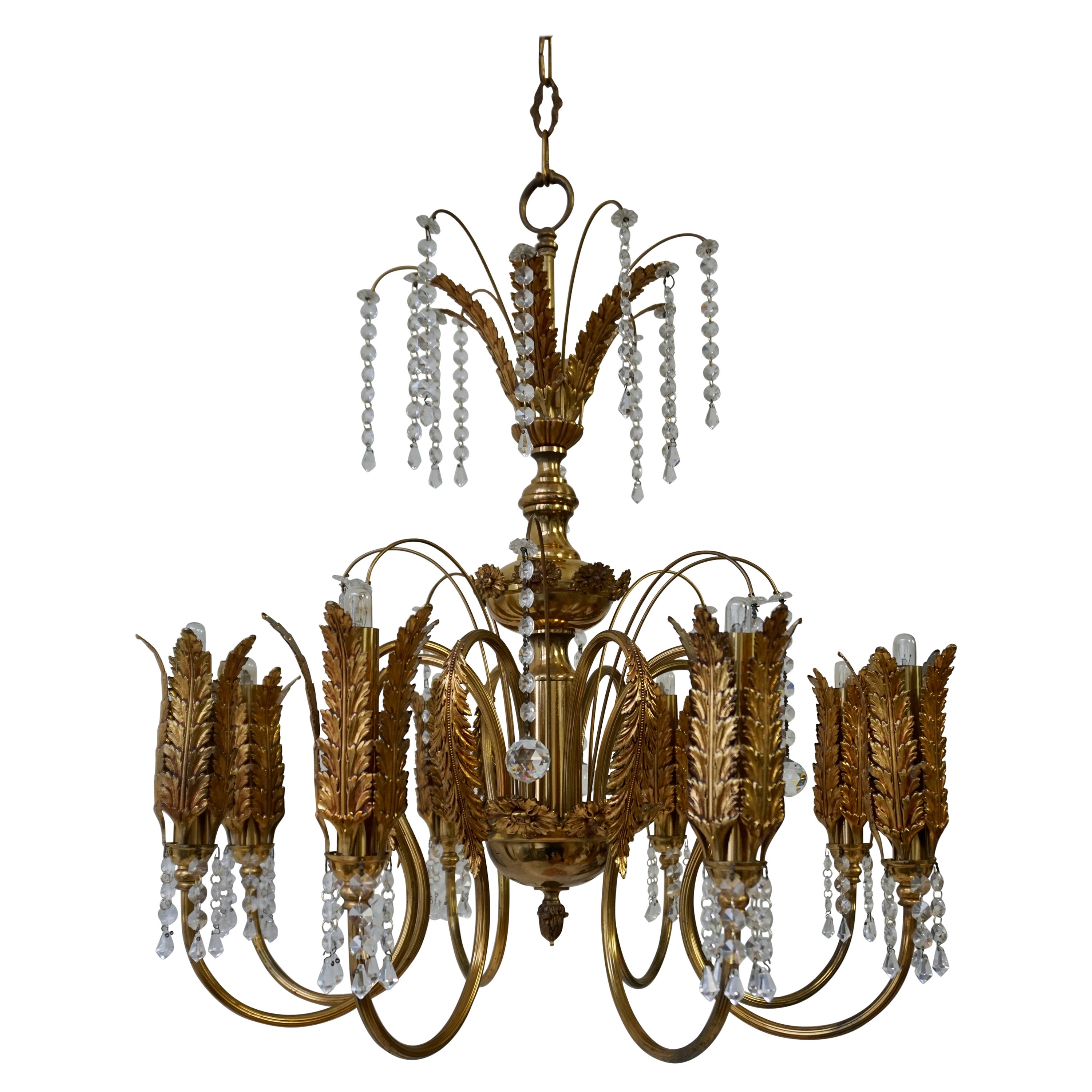 Gilt Palm Leaf Hollywood Regency Chandelier with Crystal