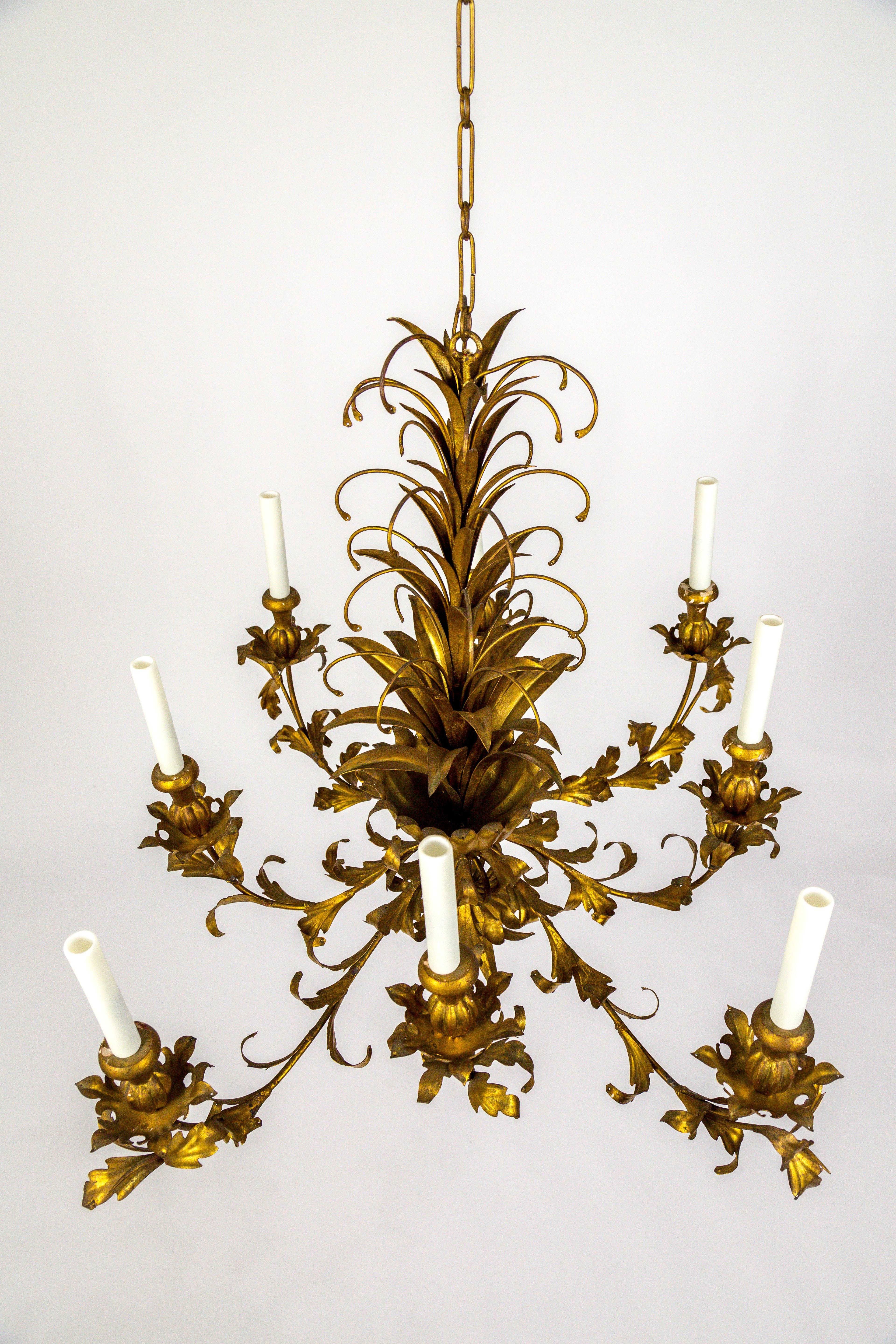 Gilt Palm Leaf Regency Chandeliers 2 Available In Excellent Condition In San Francisco, CA