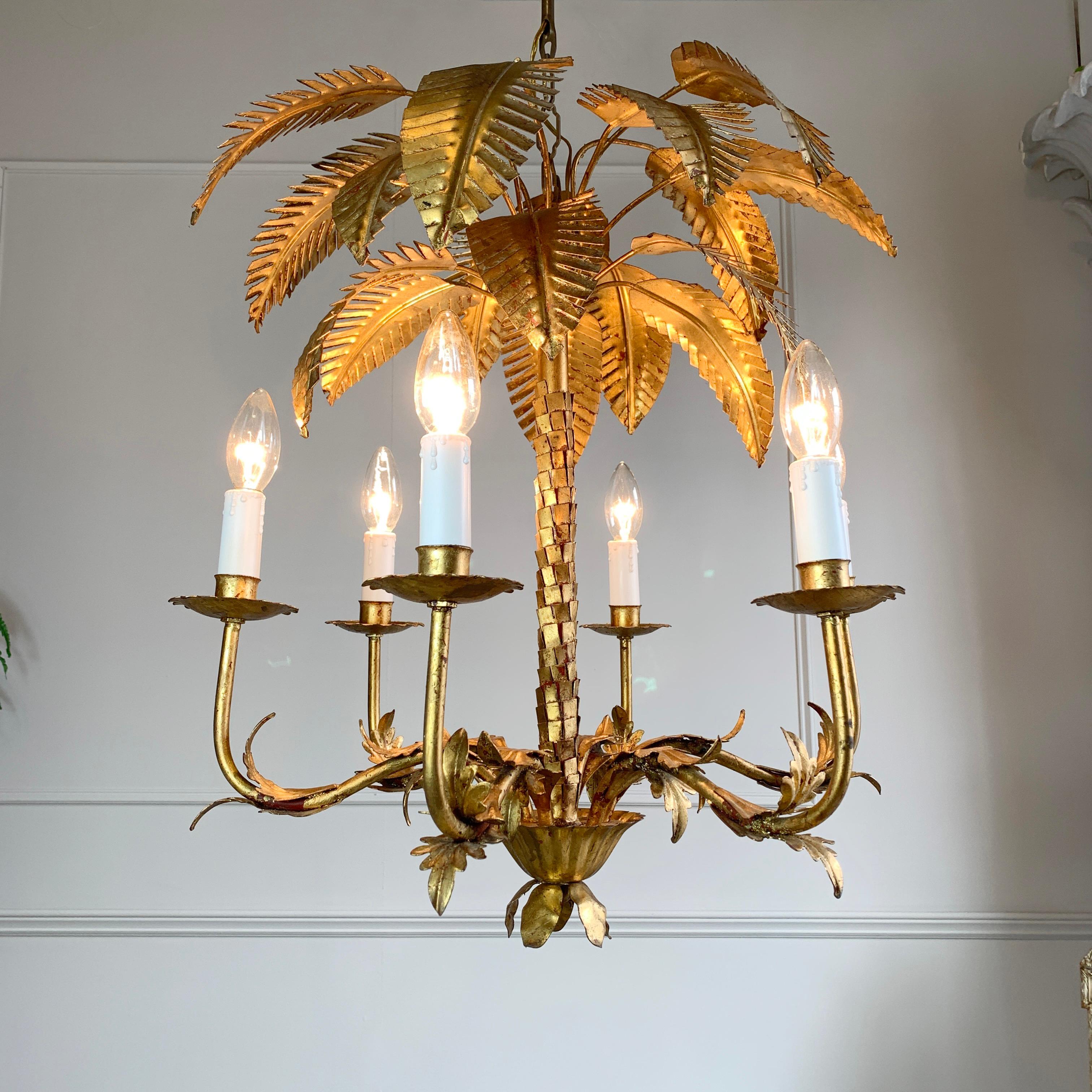 Metal Gilt Palm Tree Chandelier, Att Maison Jansen 