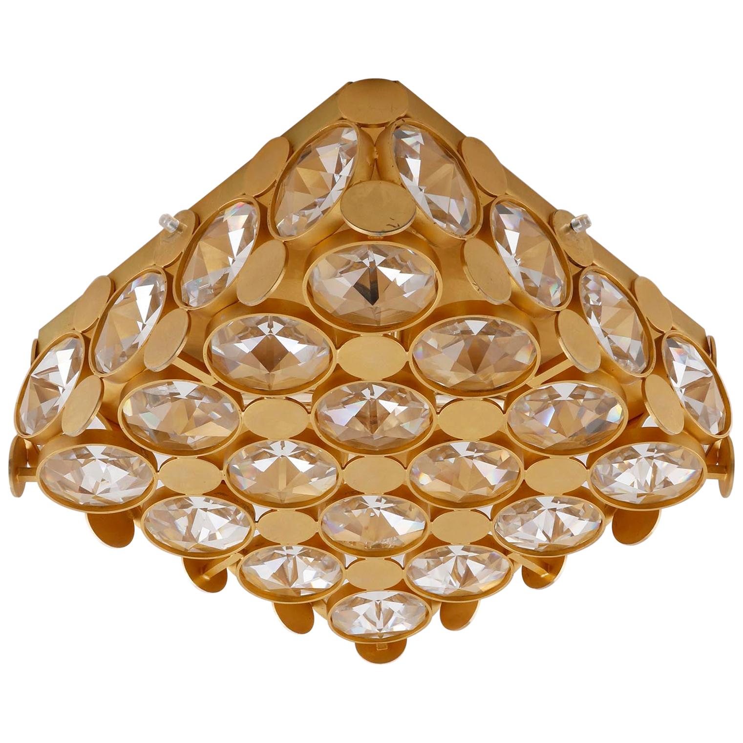 Gilt Palwa Flush Mount Light Fixture or Sconce Wall Light, Crystal Glass, 1970 For Sale