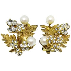 Vintage Gilt, paste and pearl foliate cluster earrings, Henkel and Grosse for Dior, 1968