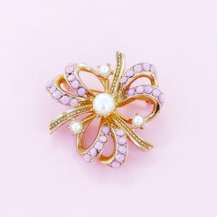 Gilt & Pastel Pink Rhinestone Bow Brooch With Pearl Accents By Hollycraft, 1950s