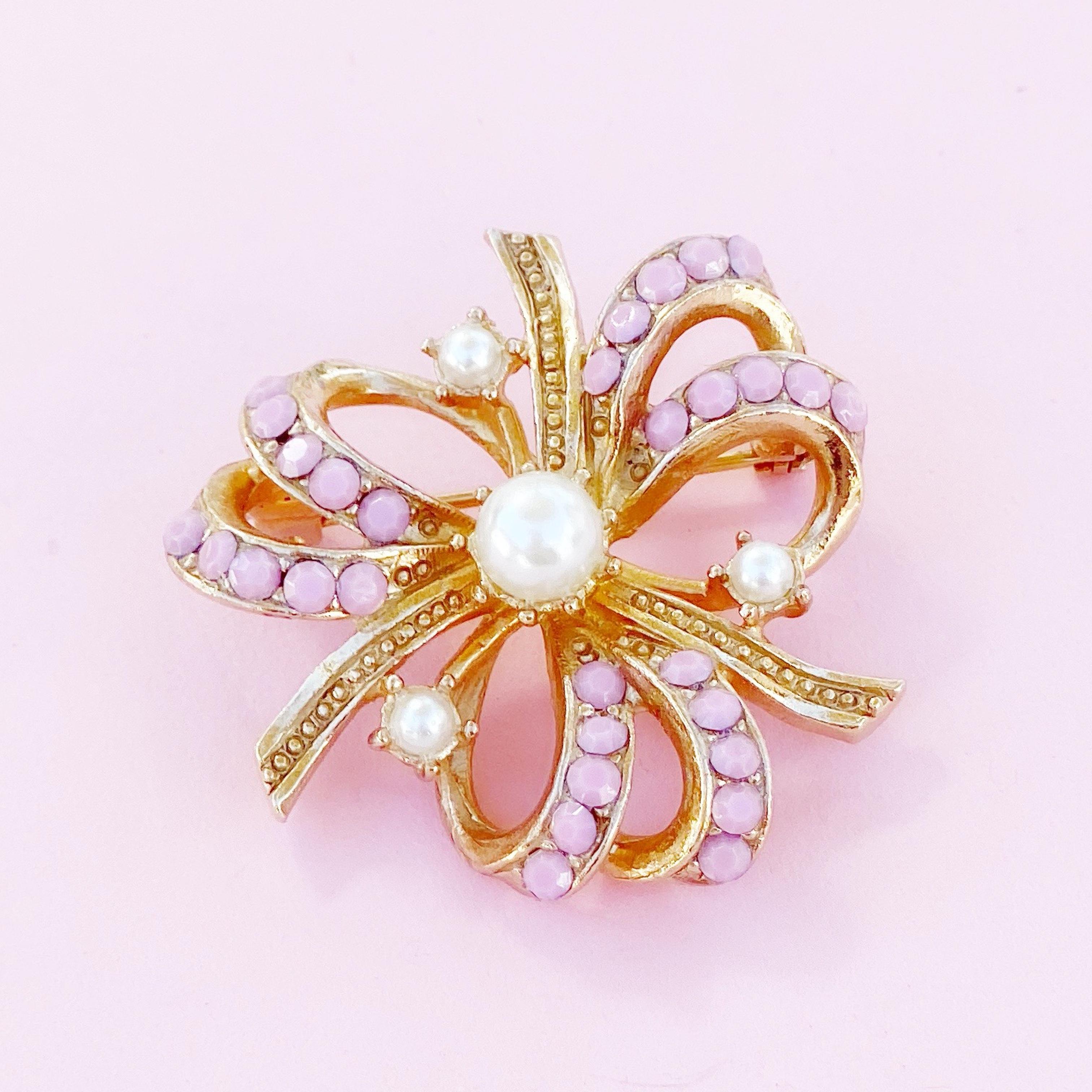 Modern Gilt & Pastel Pink Rhinestone Bow Brooch With Pearl Accents By Hollycraft, 1950s