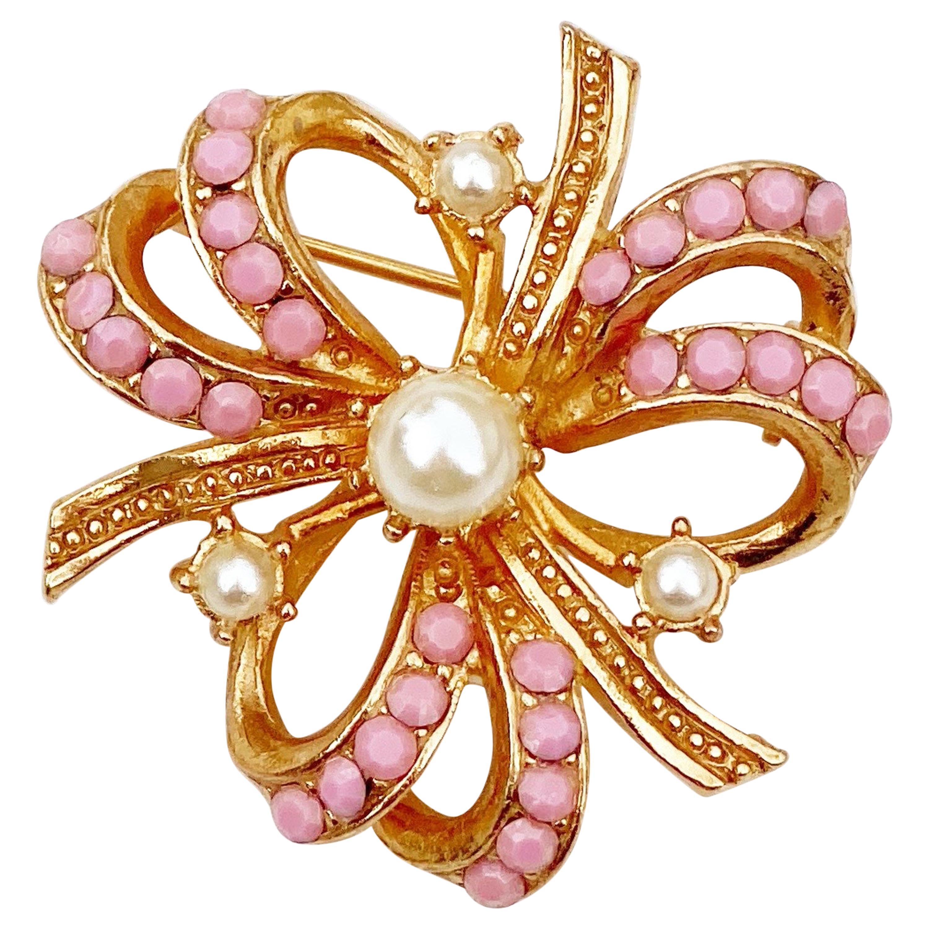 Gilt & Pastel Pink Rhinestone Bow Brooch With Pearl Accents By Hollycraft, 1950s