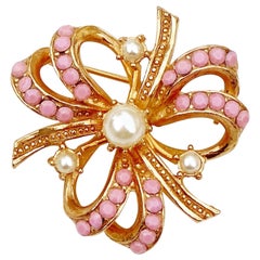 Vintage Gilt & Pastel Pink Rhinestone Bow Brooch With Pearl Accents By Hollycraft, 1950s