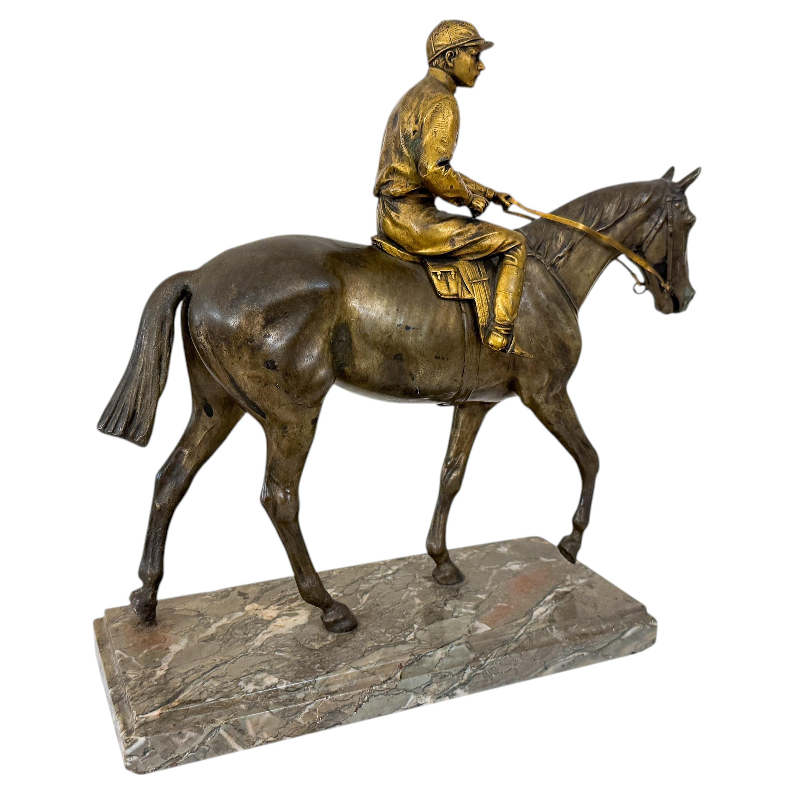 Gilt & Patinated Bronze Jockey On Horse, Equestrian Statue, 19th Century