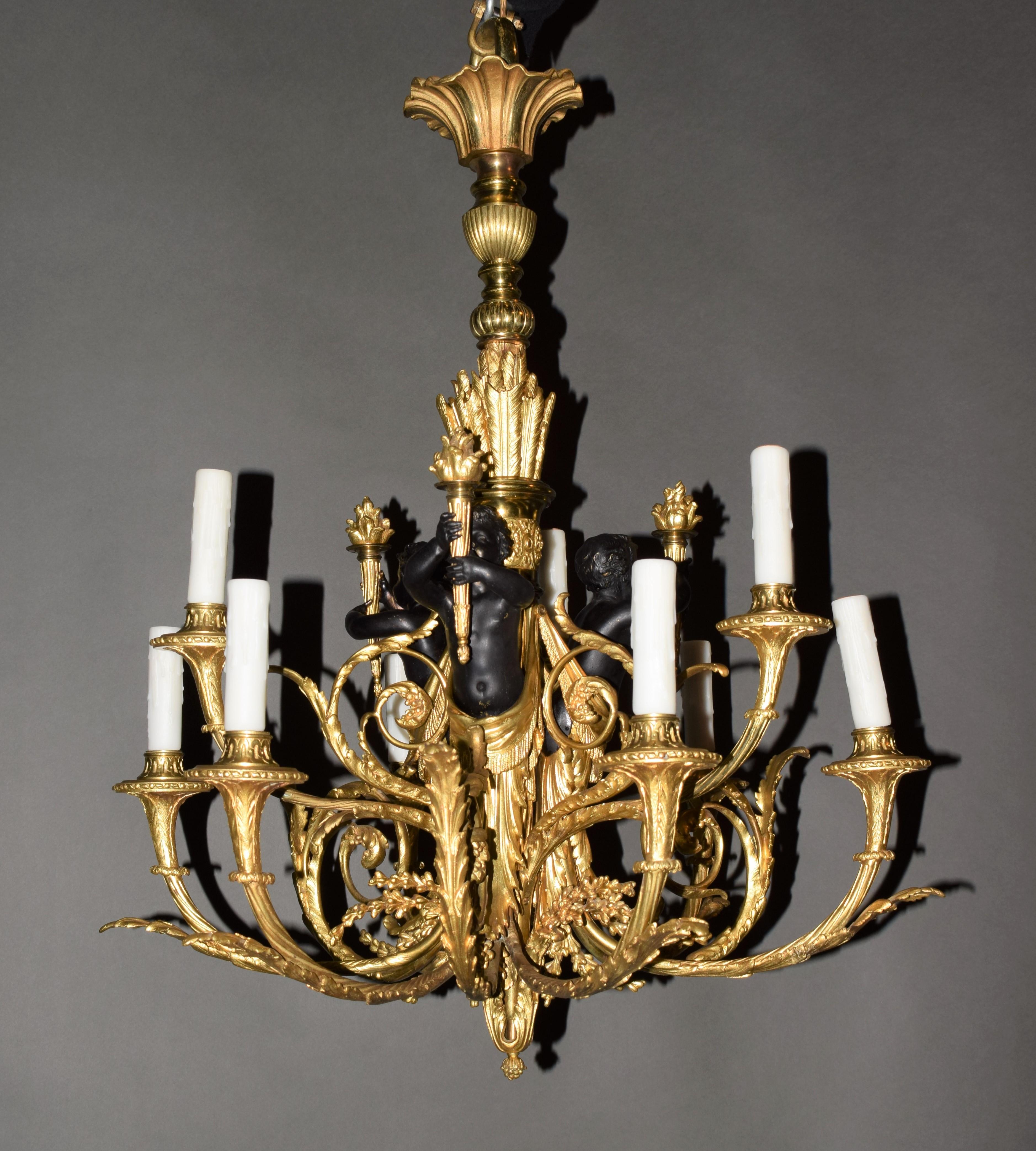 Gilt & Patinated Bronze Louis XVI style Chandelier For Sale 8