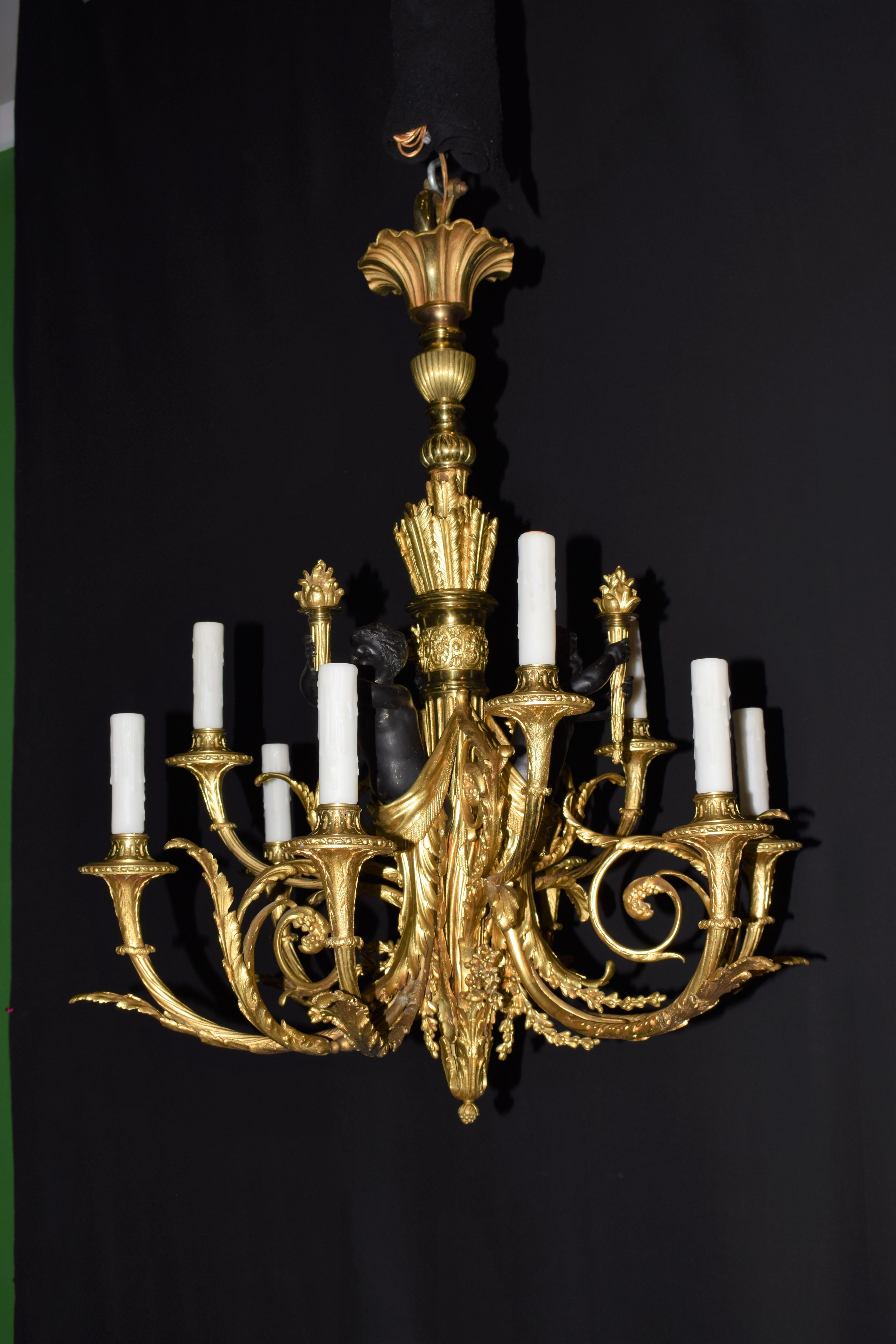 Gilt & Patinated Bronze Louis XVI style Chandelier For Sale 11