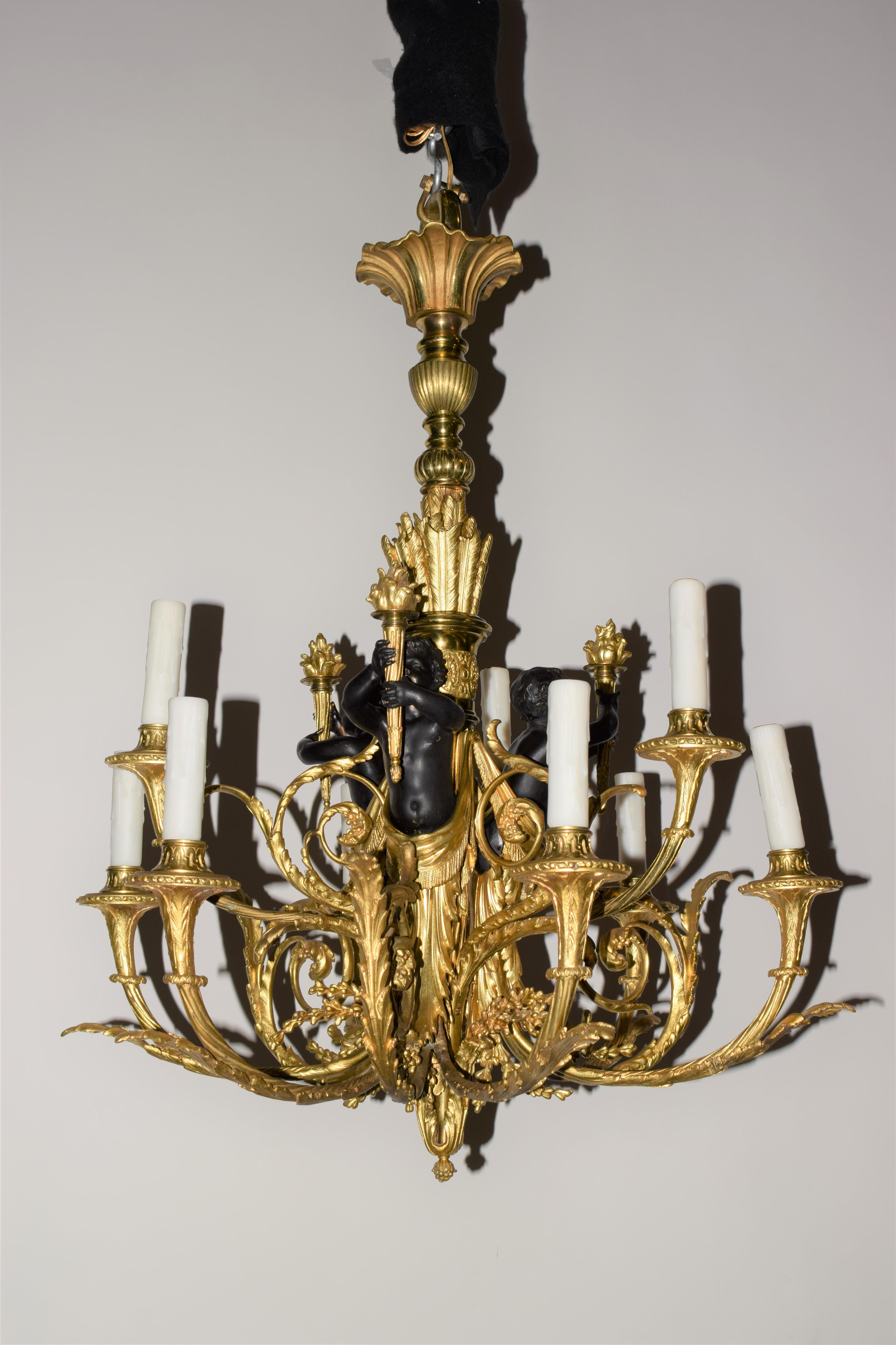 Gilt & Patinated Bronze Louis XVI style Chandelier For Sale 13