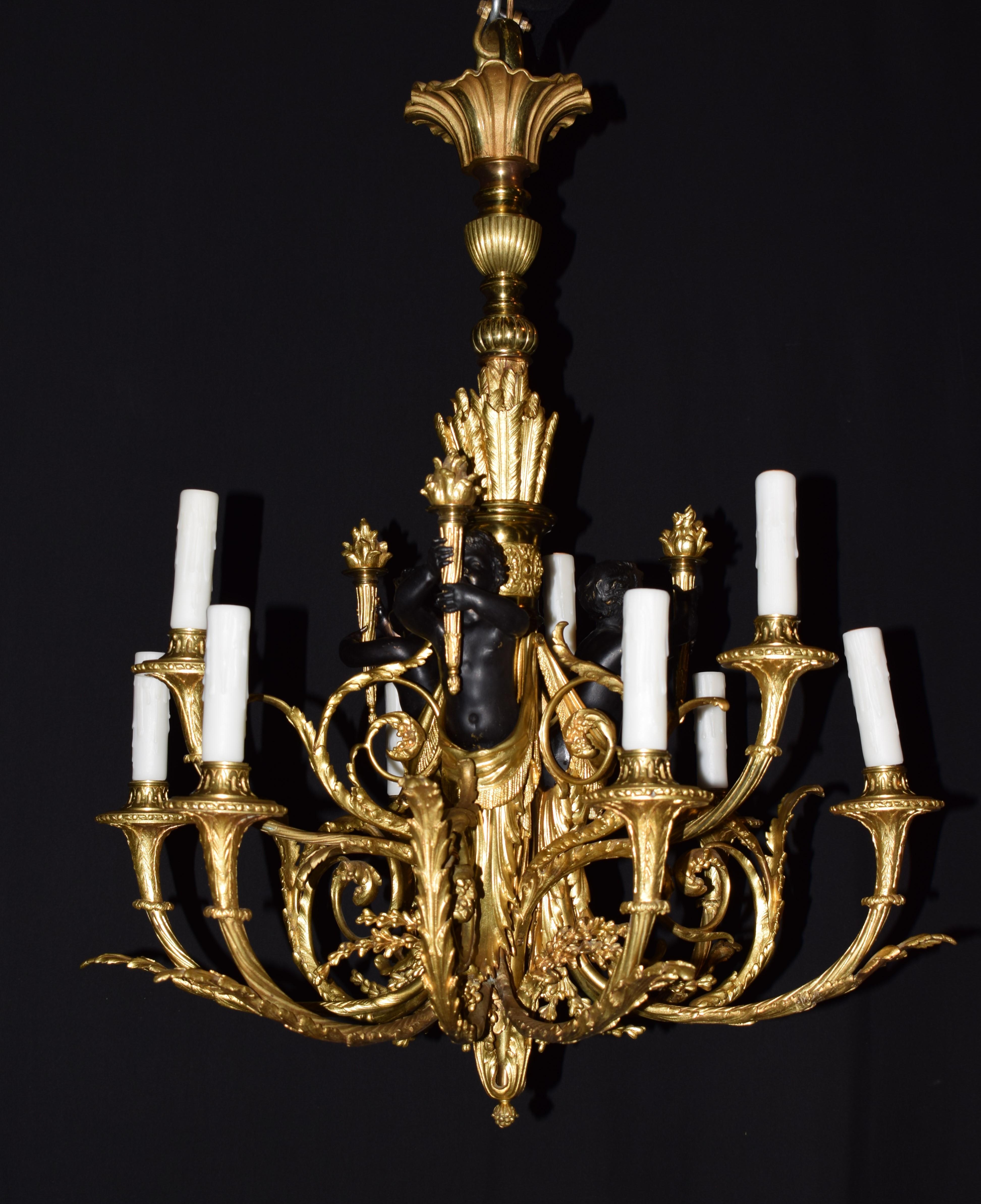 Gilt & Patinated Bronze Louis XVI style Chandelier For Sale 2