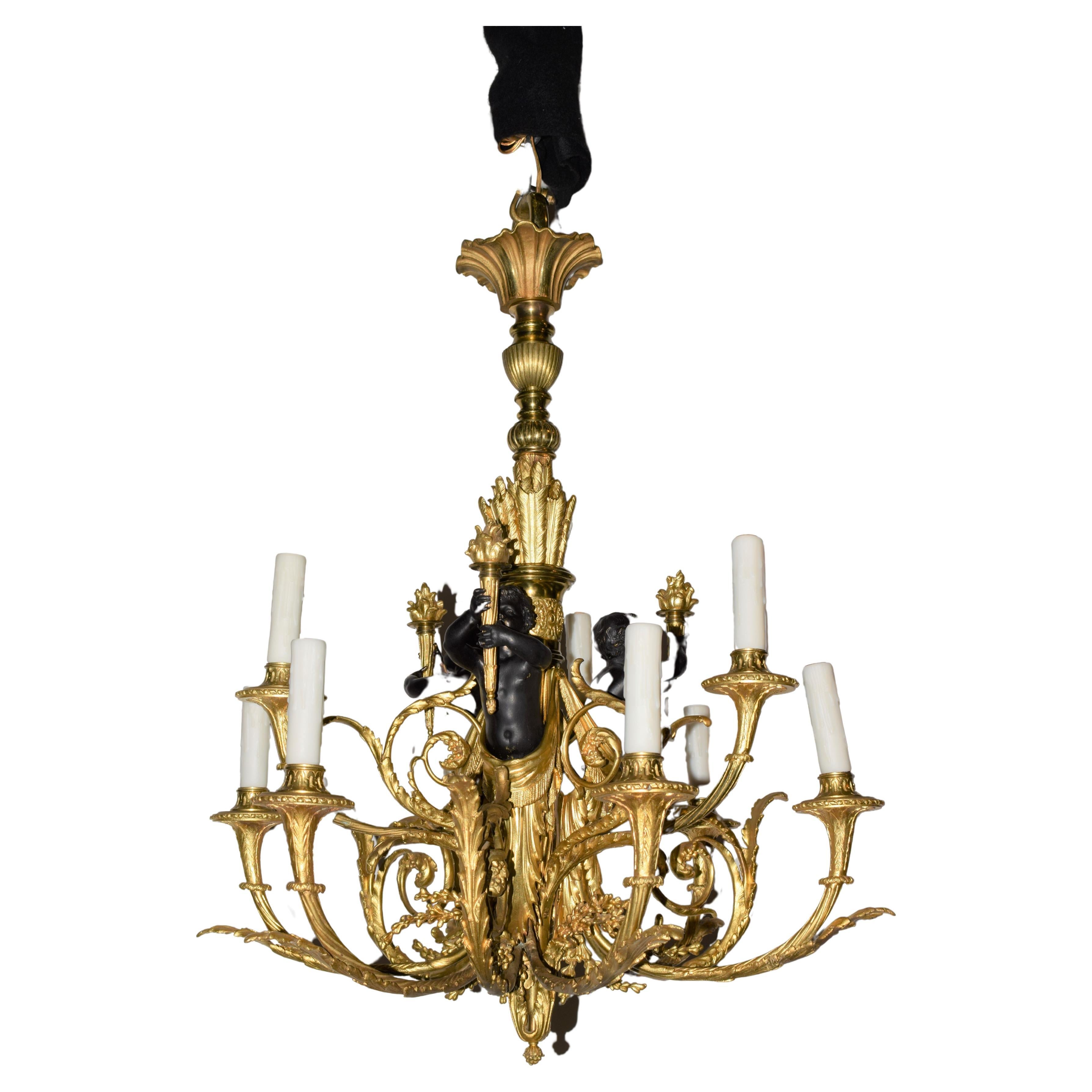 Gilt & Patinated Bronze Louis XVI style Chandelier For Sale