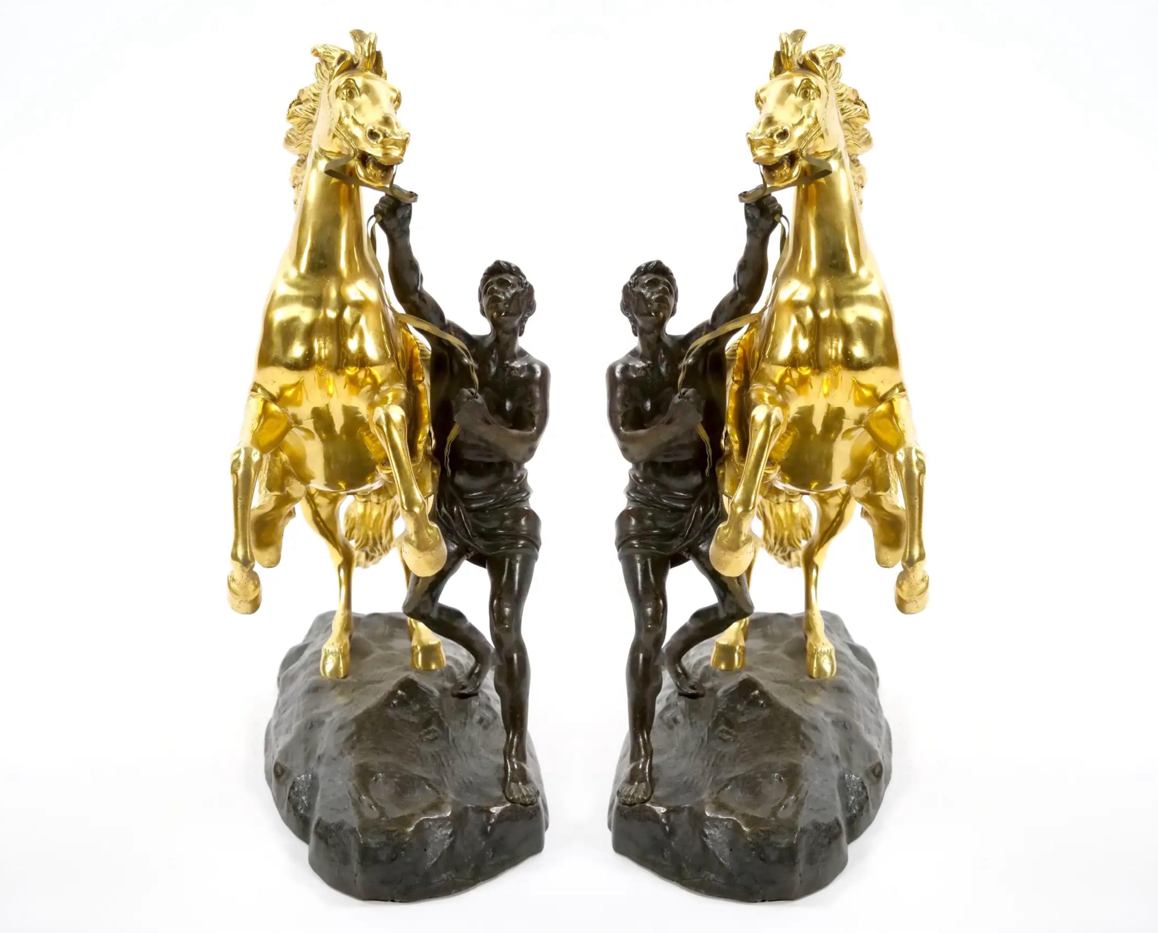 Neoclassical Gilt & Patinated Bronze Models of the Marly Horses After Guillaume Coustou For Sale